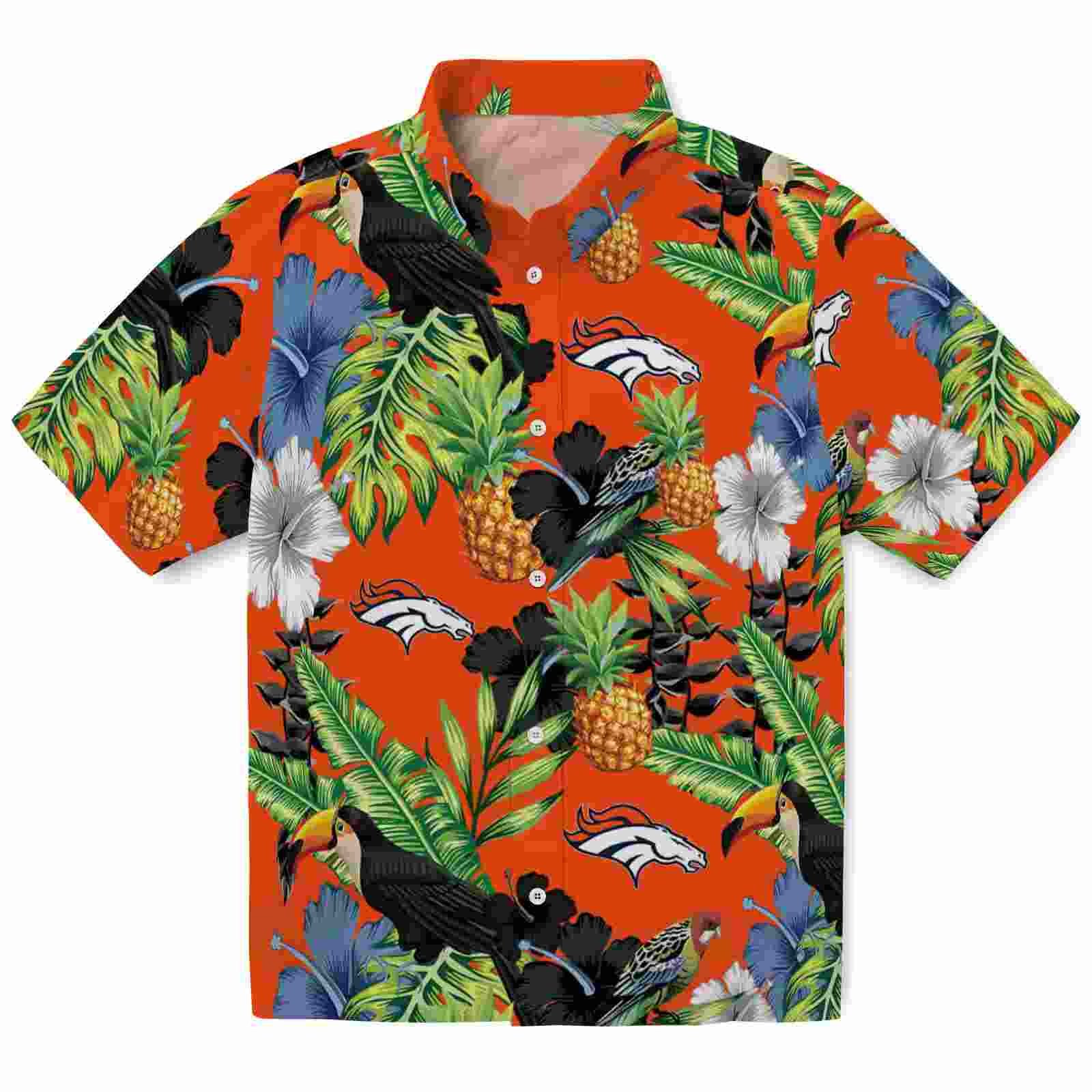 Denver Broncos Toucan Hibiscus Pineapple Orange Green Hawaiian Shirt