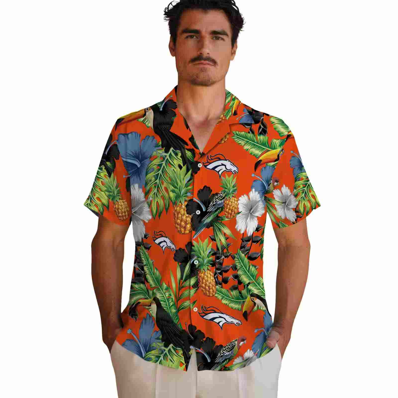 denver broncos toucan hibiscus pineapple orange green hawaiian shirt fashion forward