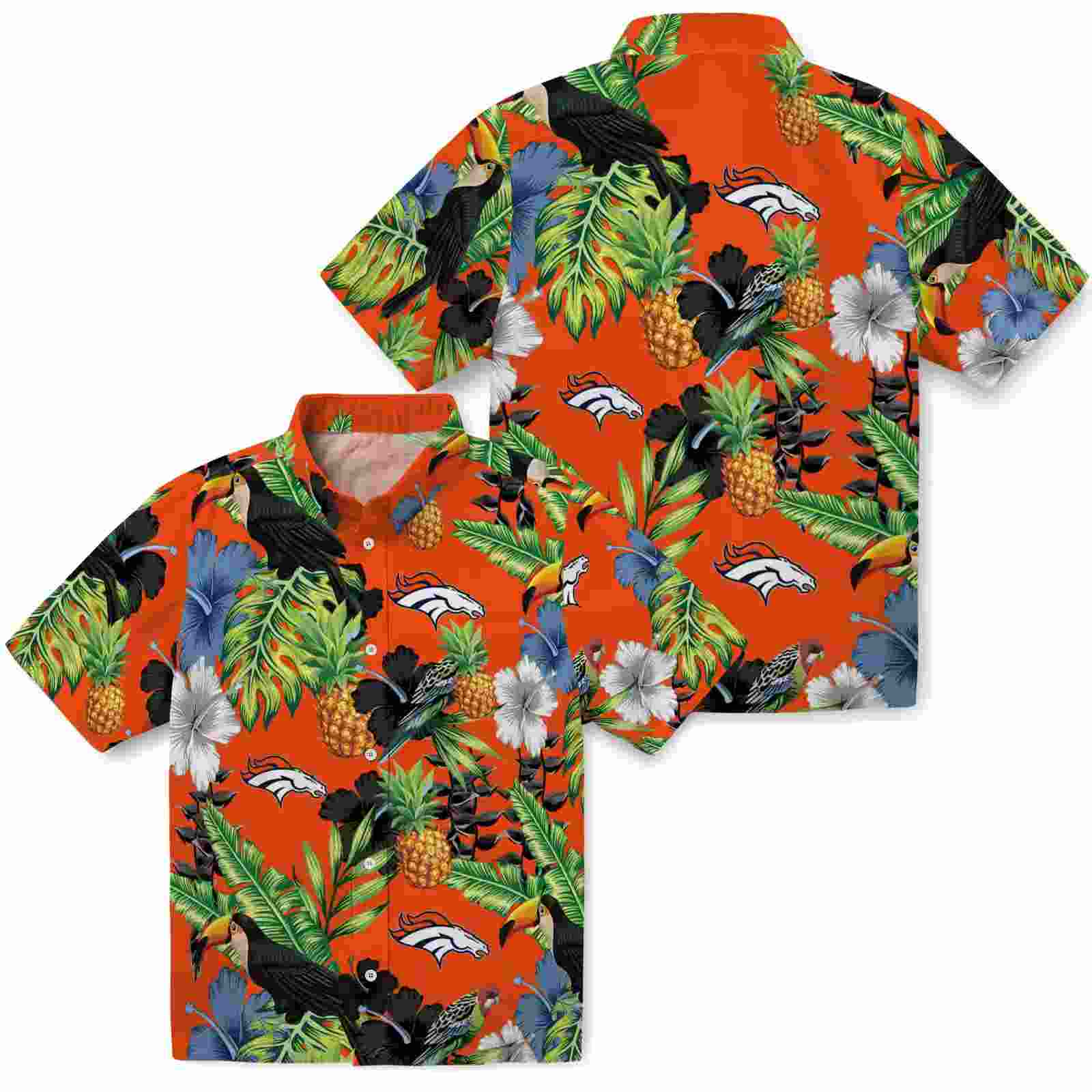 denver broncos toucan hibiscus pineapple orange green hawaiian shirt high quality