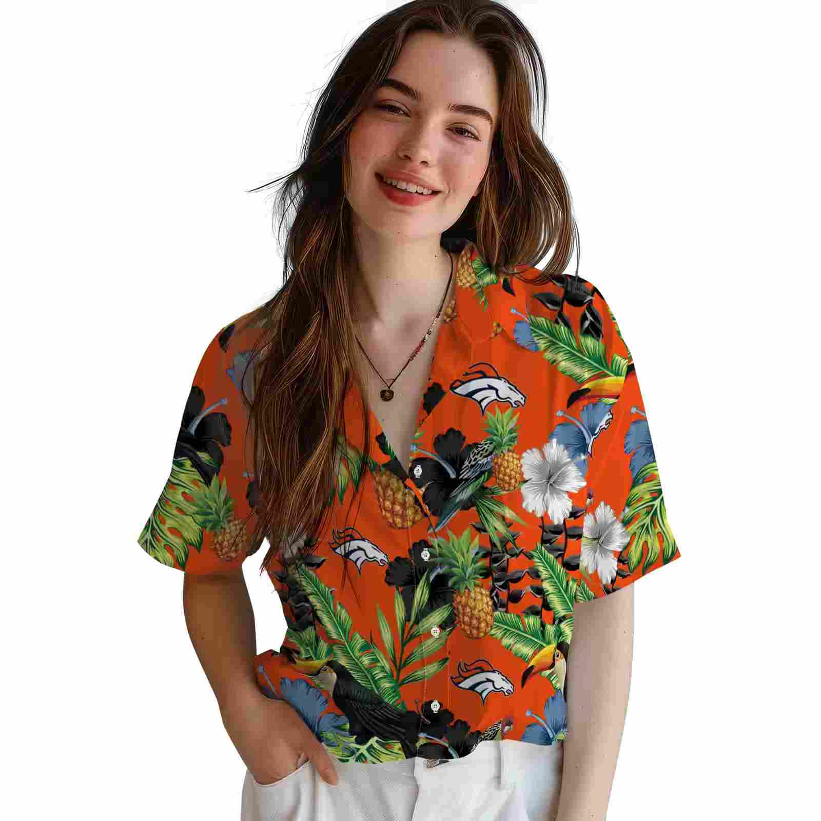 denver broncos toucan hibiscus pineapple orange green hawaiian shirt latest model