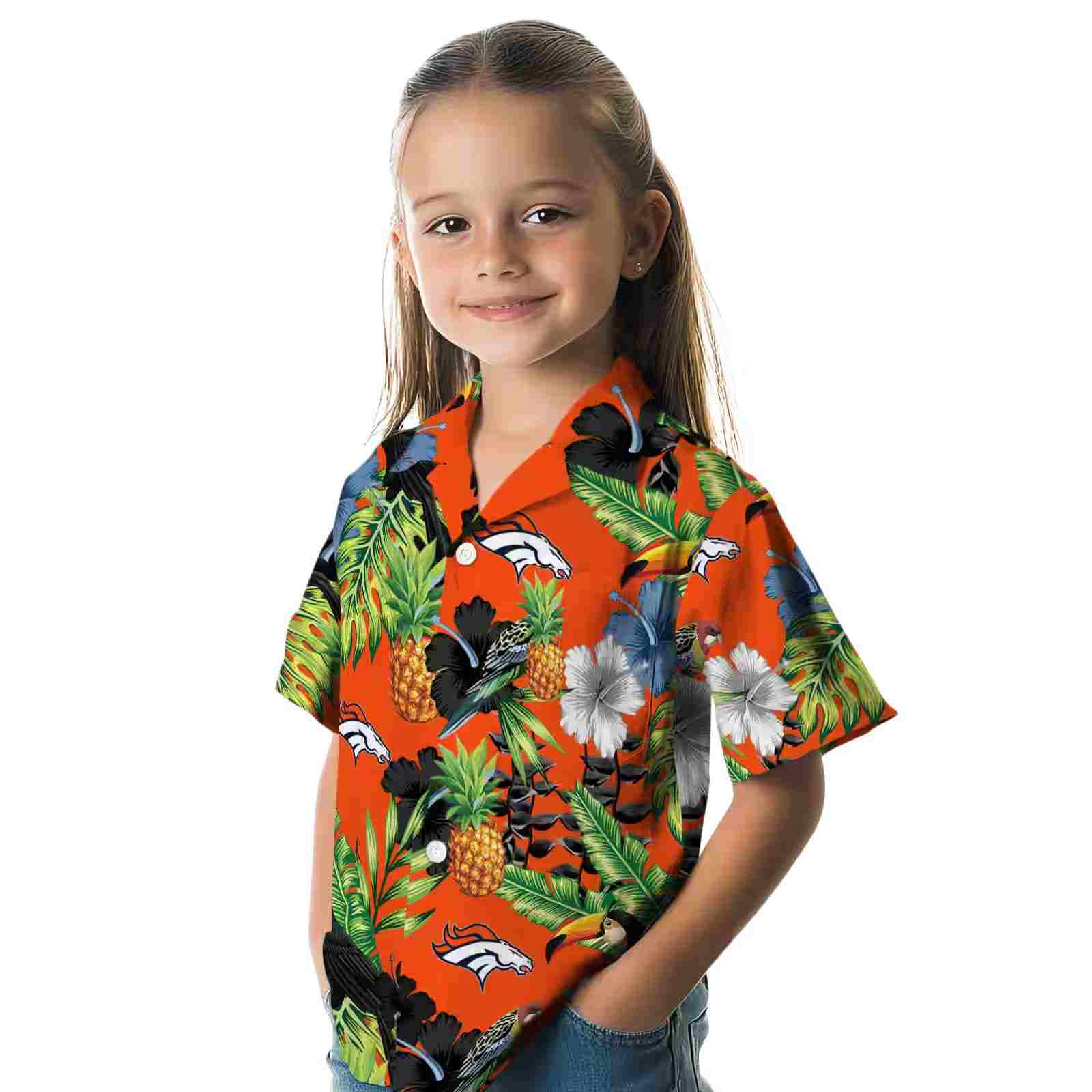 denver broncos toucan hibiscus pineapple orange green hawaiian shirt premium grade