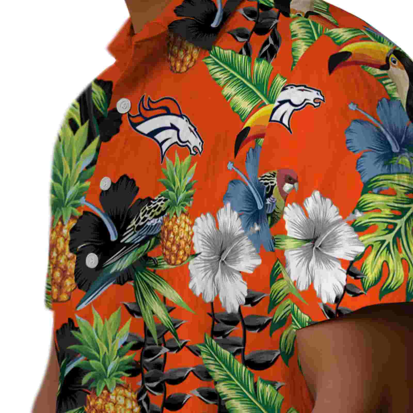 denver broncos toucan hibiscus pineapple orange green hawaiian shirt trendy