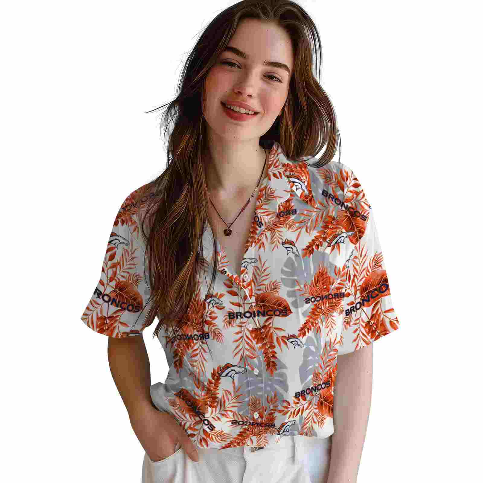 denver broncos tropical leaves orange white hawaiian shirt latest model