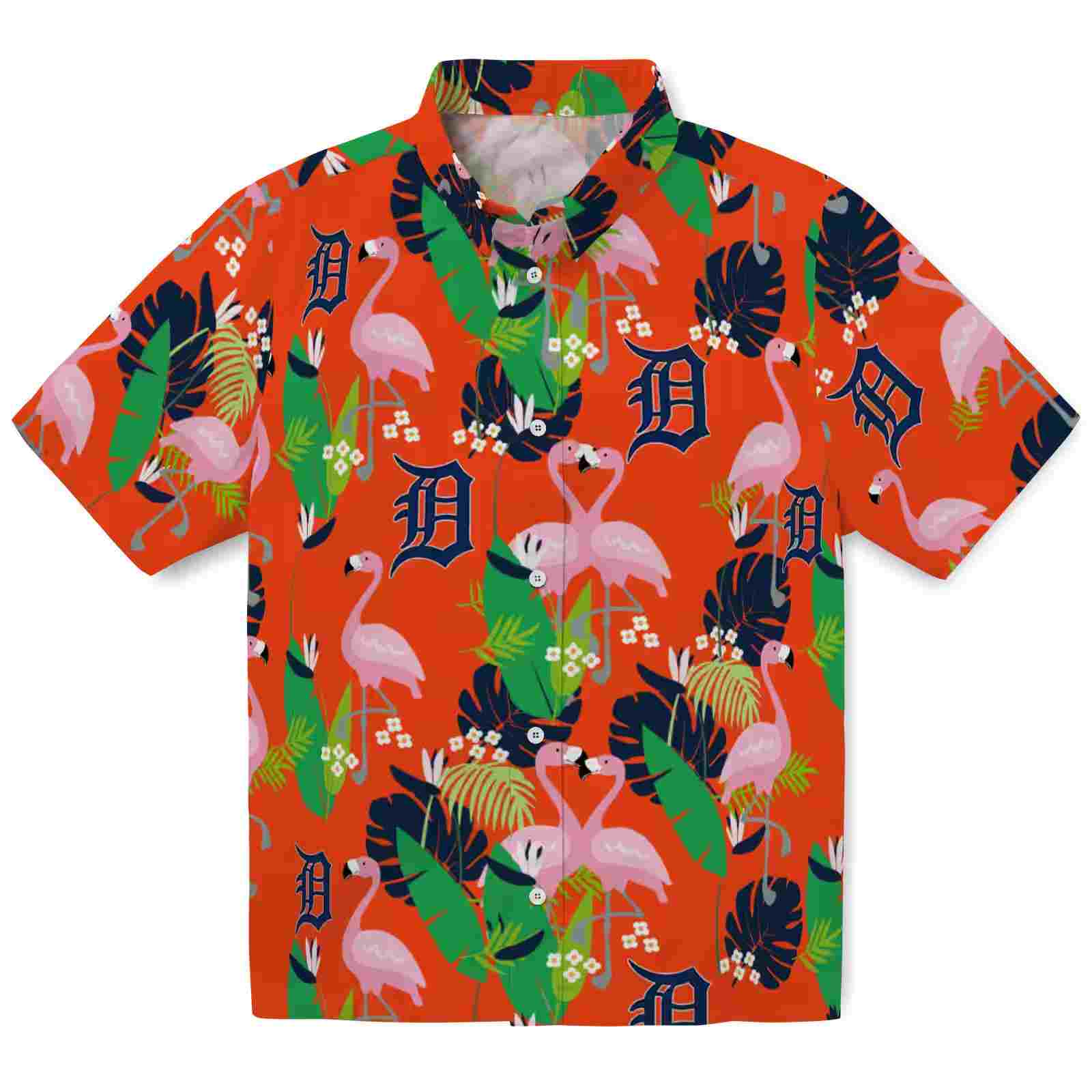 Detroit Tigers Flamingo Foliage Navy Green Hawaiian Shirt