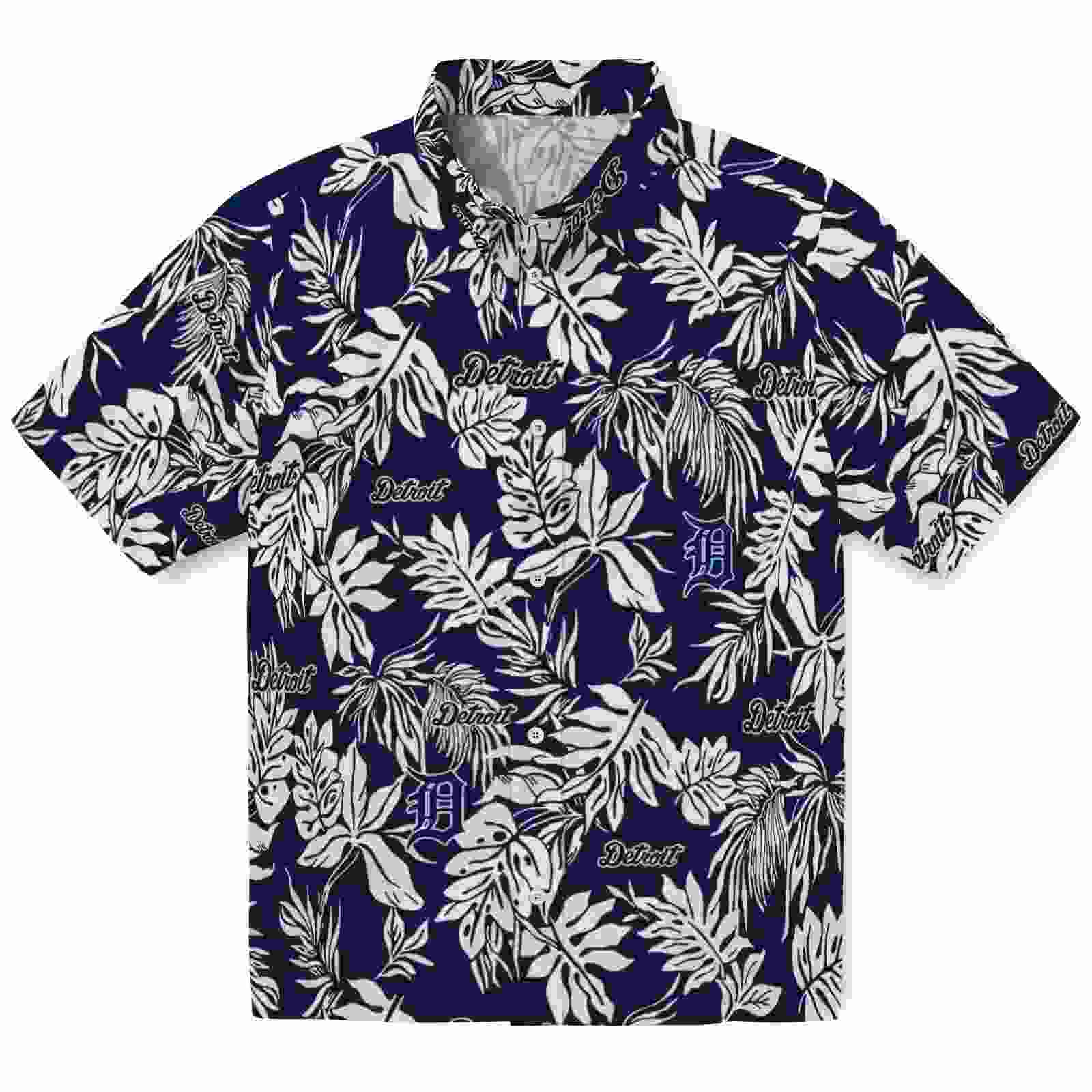 Detroit Tigers Tropical Leaf Navy White Hawaiian Shirt