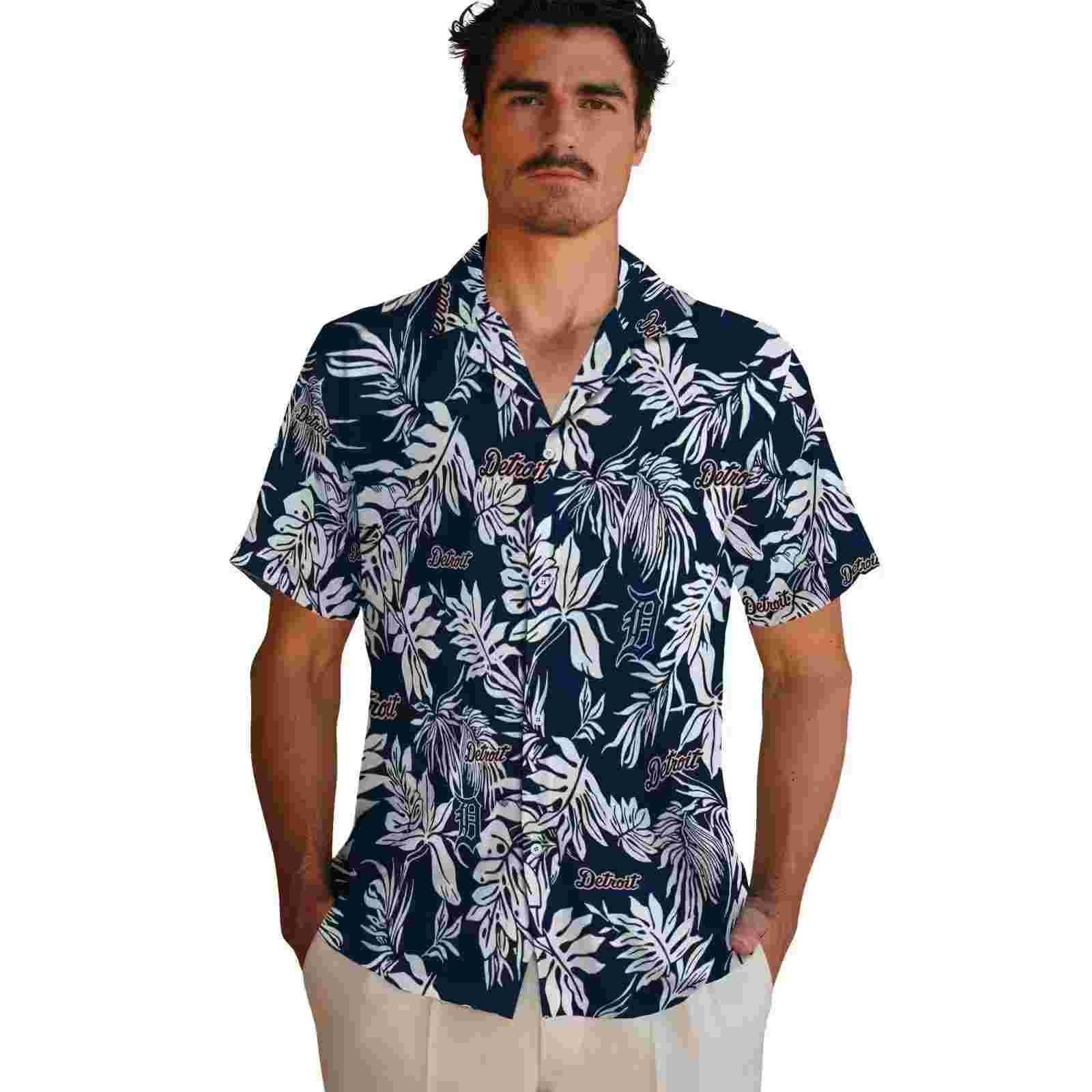 detroit tigers tropical leaf navy white hawaiian shirt fashion forward