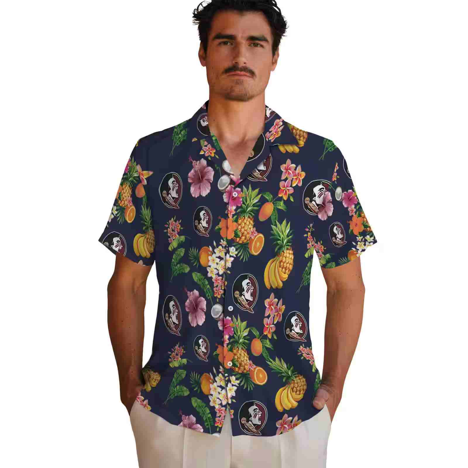 florida state seminoles hibiscus and fruit navy blue hawaiian shirt fashion forward