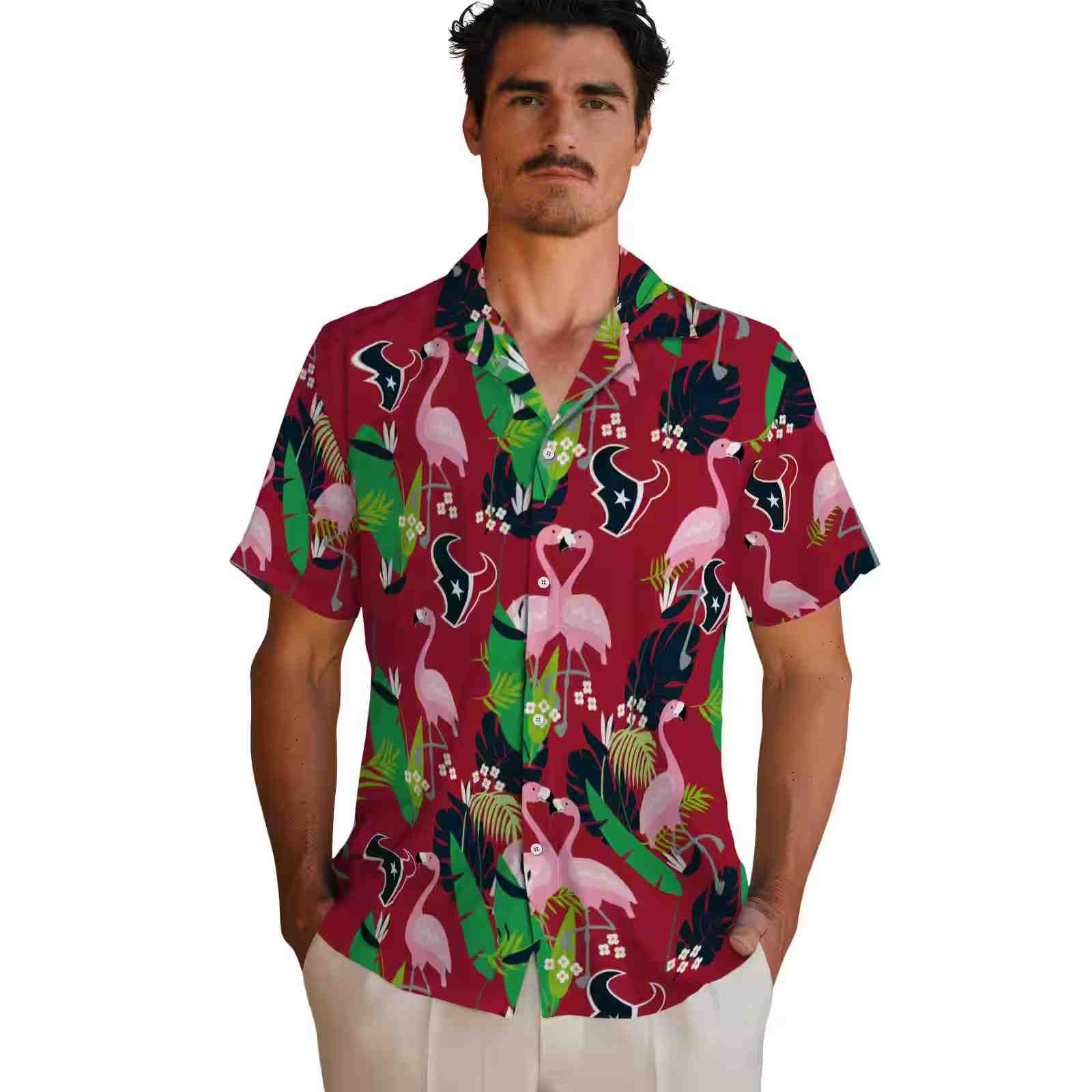 houston texans flamingo foliage blue green hawaiian shirt fashion forward