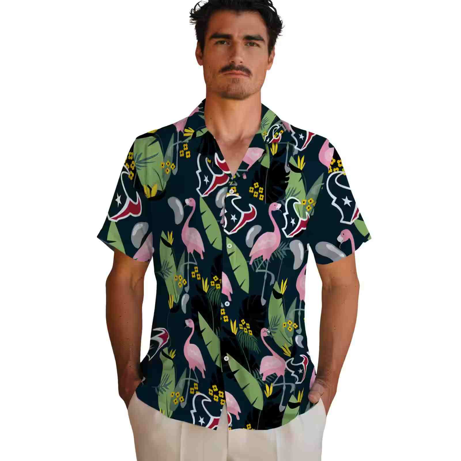 houston texans flamingo leaves blue hawaiian shirt fashion forward