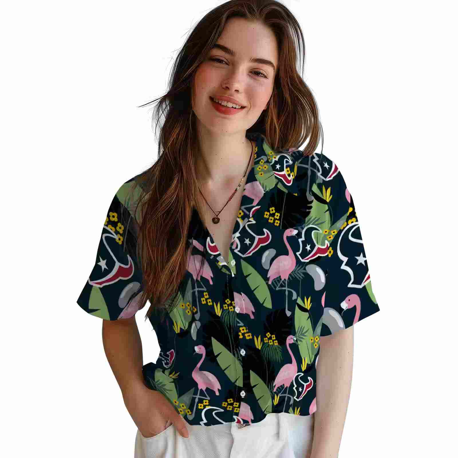 houston texans flamingo leaves blue hawaiian shirt latest model