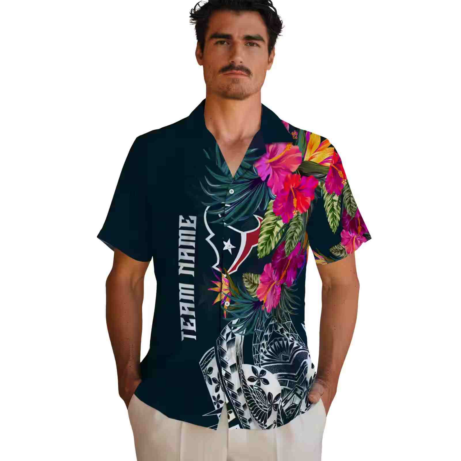 houston texans floral polynesian blue hawaiian shirt fashion forward