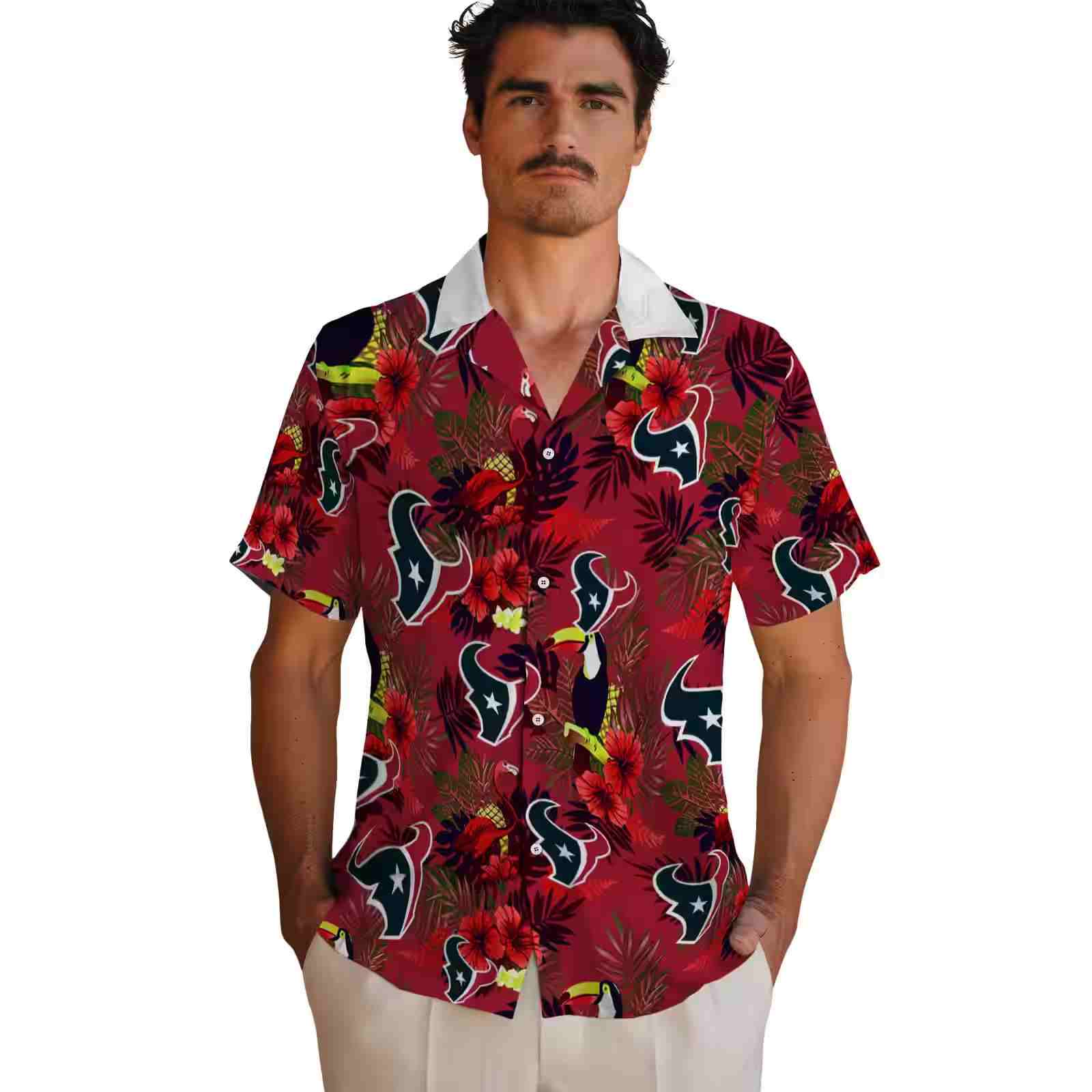 houston texans floral toucan blue red hawaiian shirt fashion forward