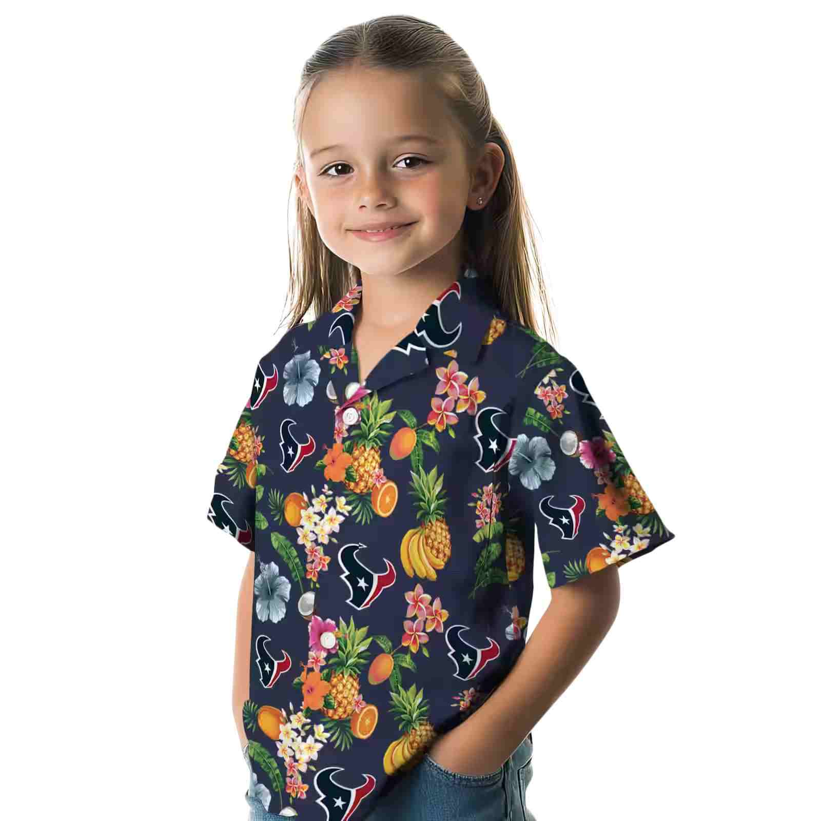 houston texans hibiscus and fruit navy blue hawaiian shirt premium grade