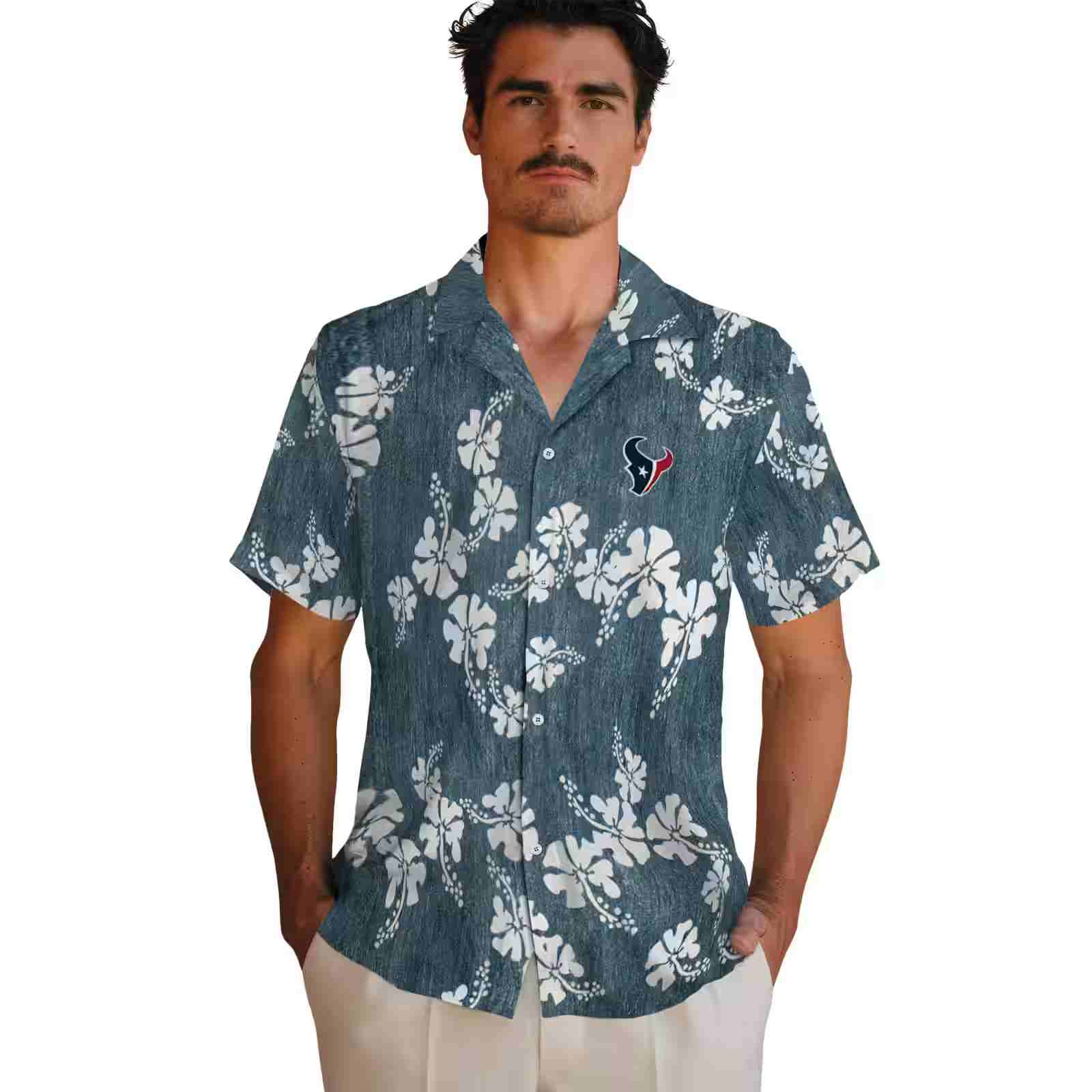 houston texans hibiscus clusters blue hawaiian shirt fashion forward