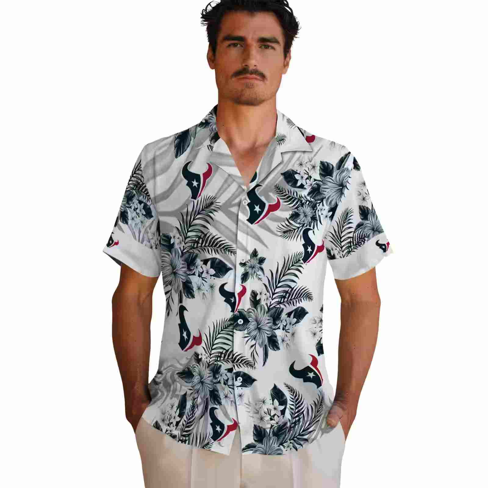 houston texans hibiscus palm leaves blue white hawaiian shirt fashion forward