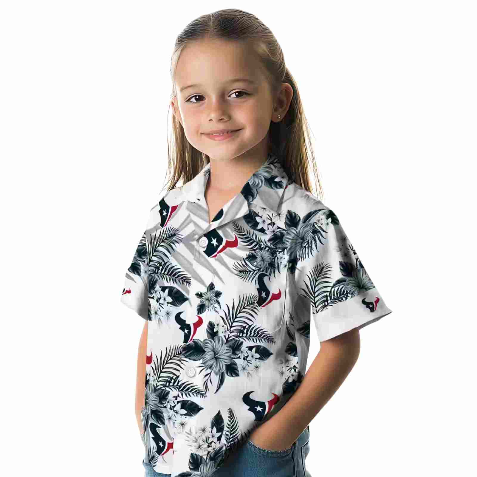 houston texans hibiscus palm leaves blue white hawaiian shirt premium grade