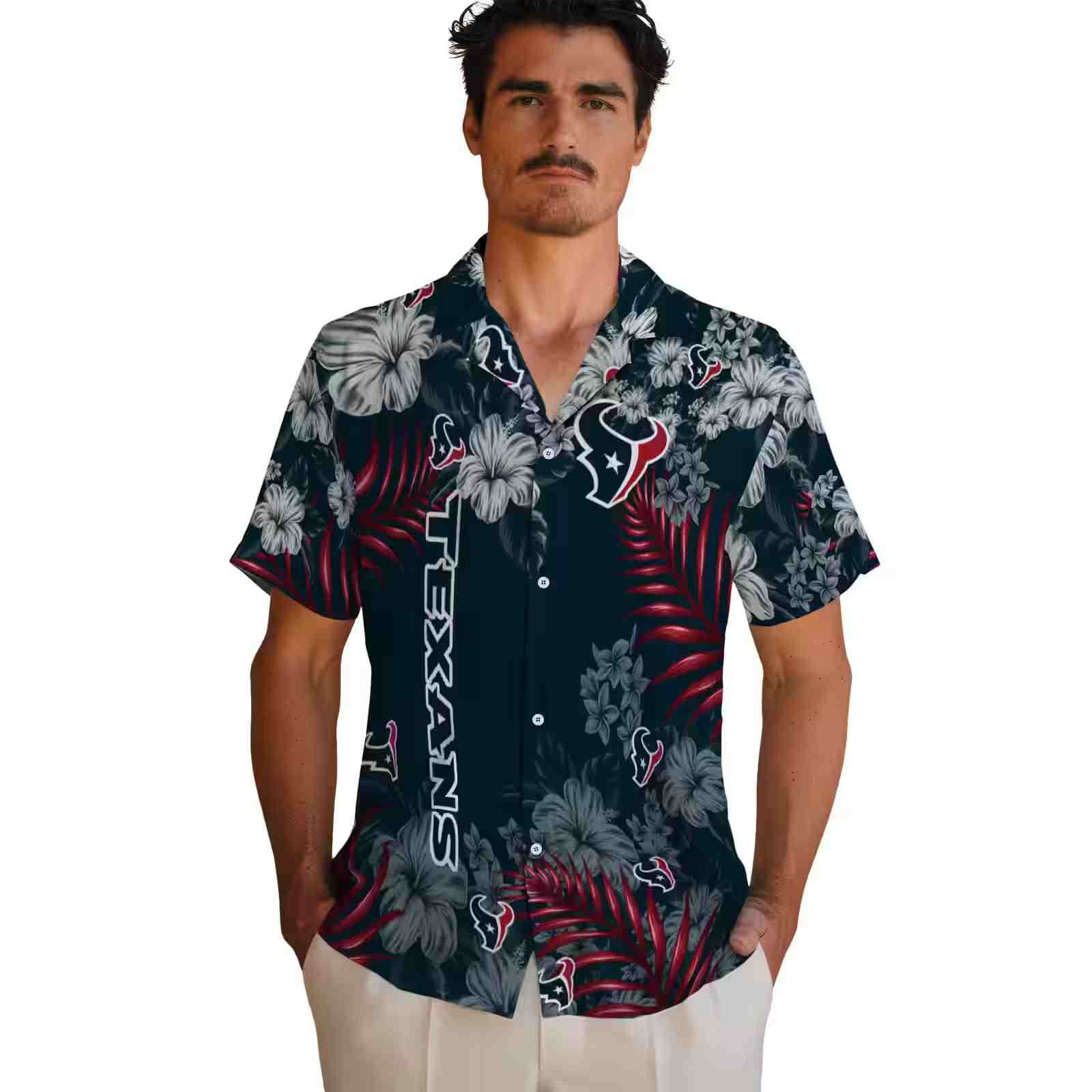 houston texans hibiscus print blue hawaiian shirt fashion forward