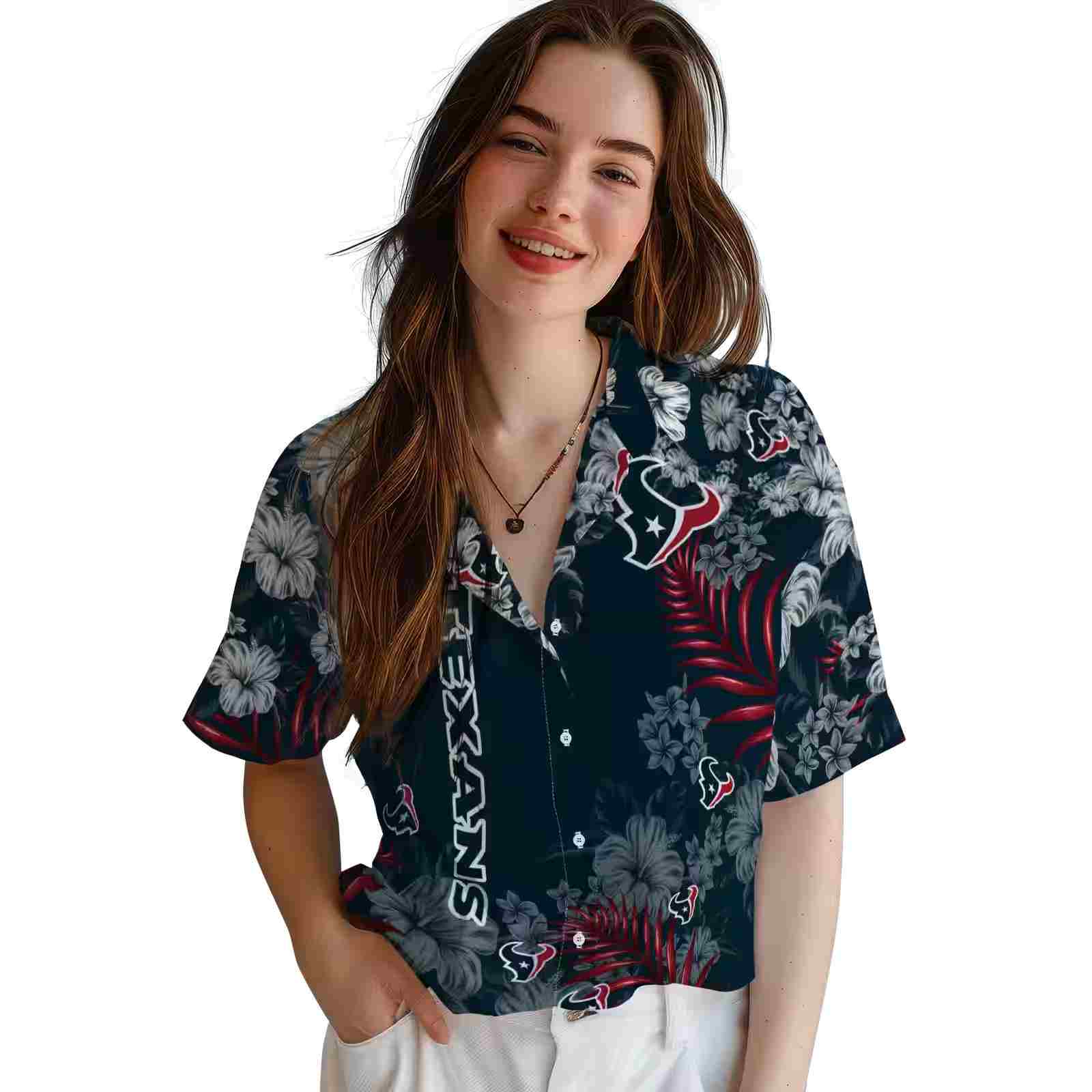 houston texans hibiscus print blue hawaiian shirt latest model