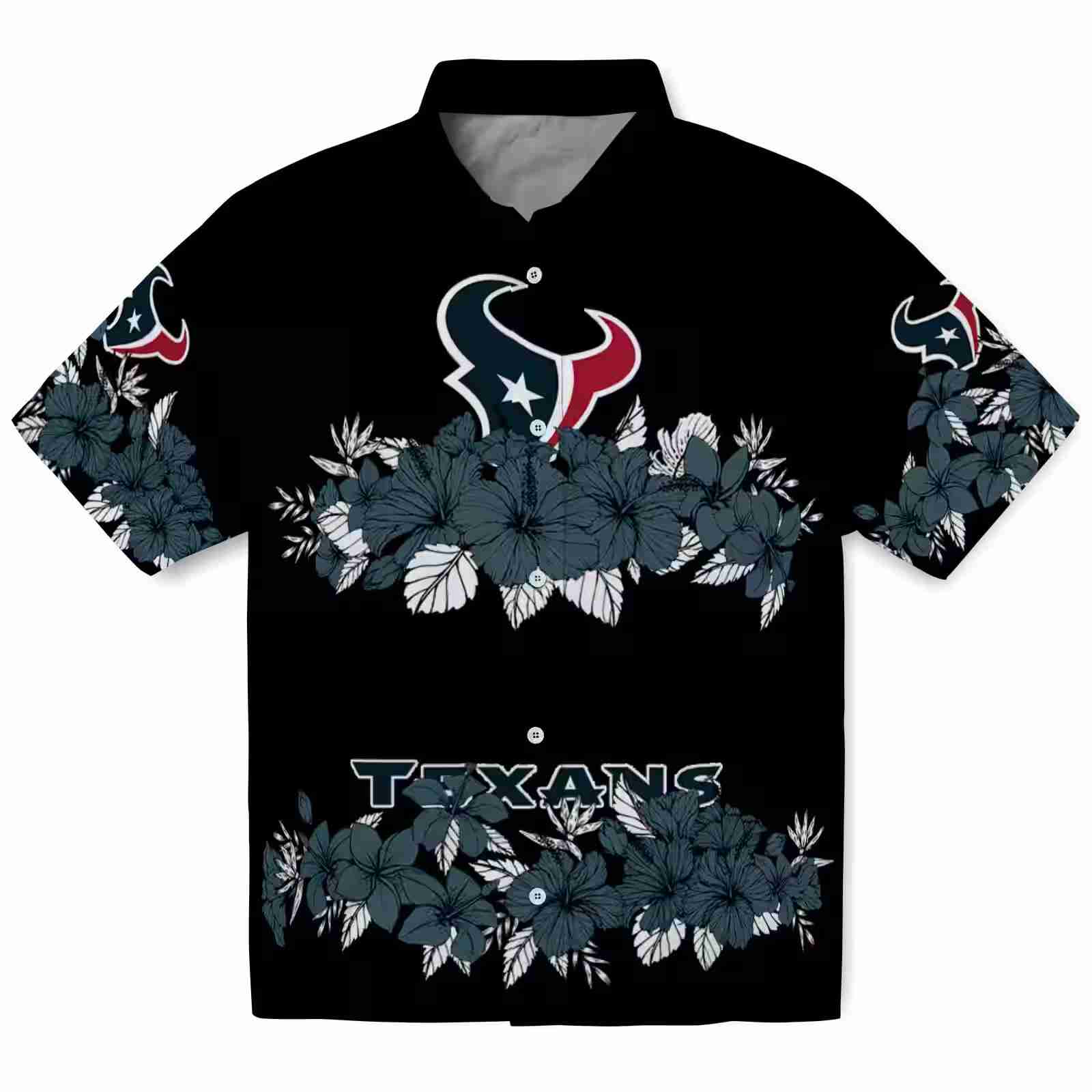 Houston Texans Hibiscus Stripe Blue Black Hawaiian Shirt