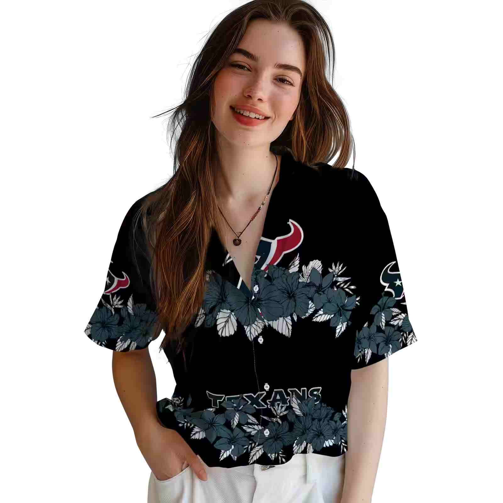 houston texans hibiscus stripe blue black hawaiian shirt latest model