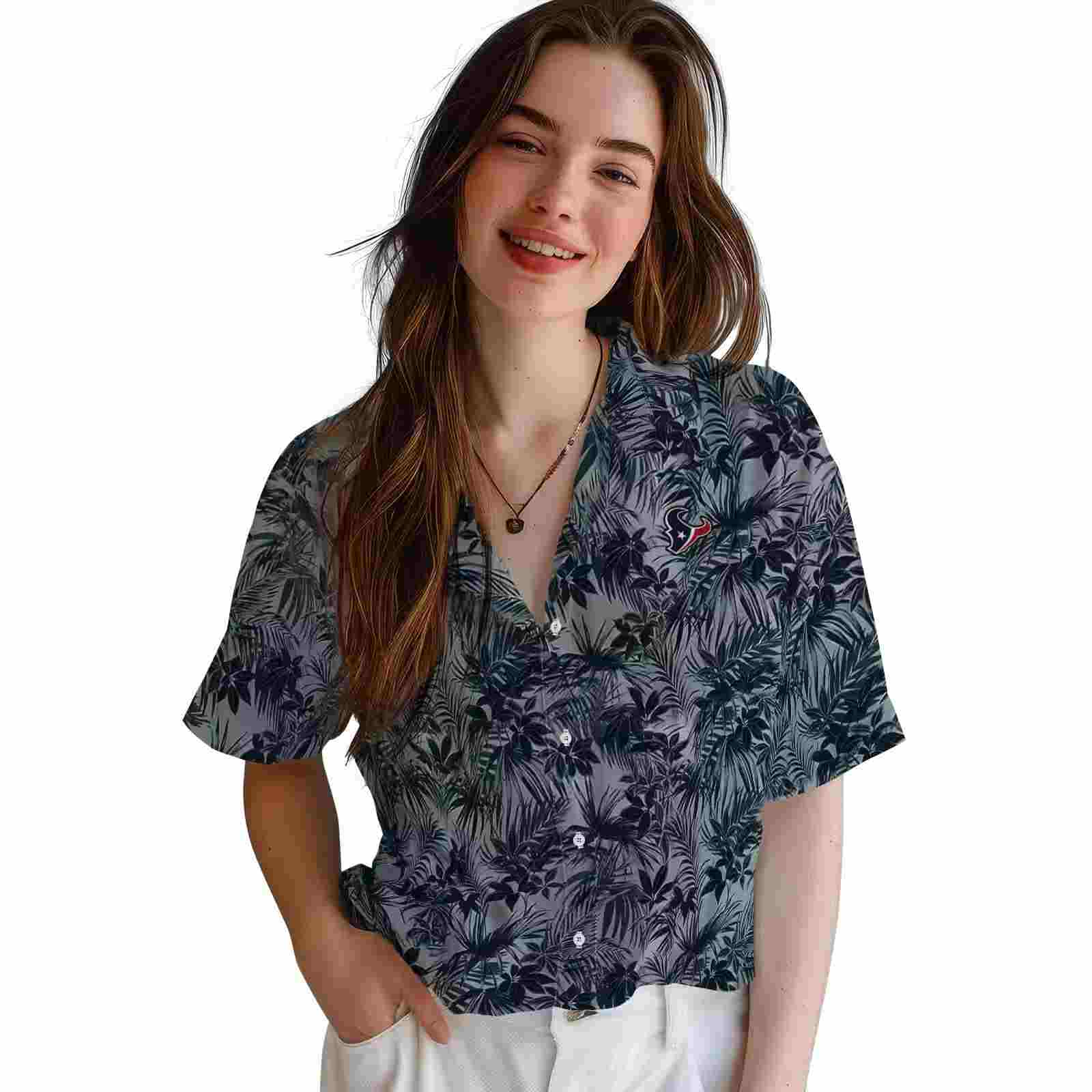 houston texans leafy pattern blue hawaiian shirt latest model