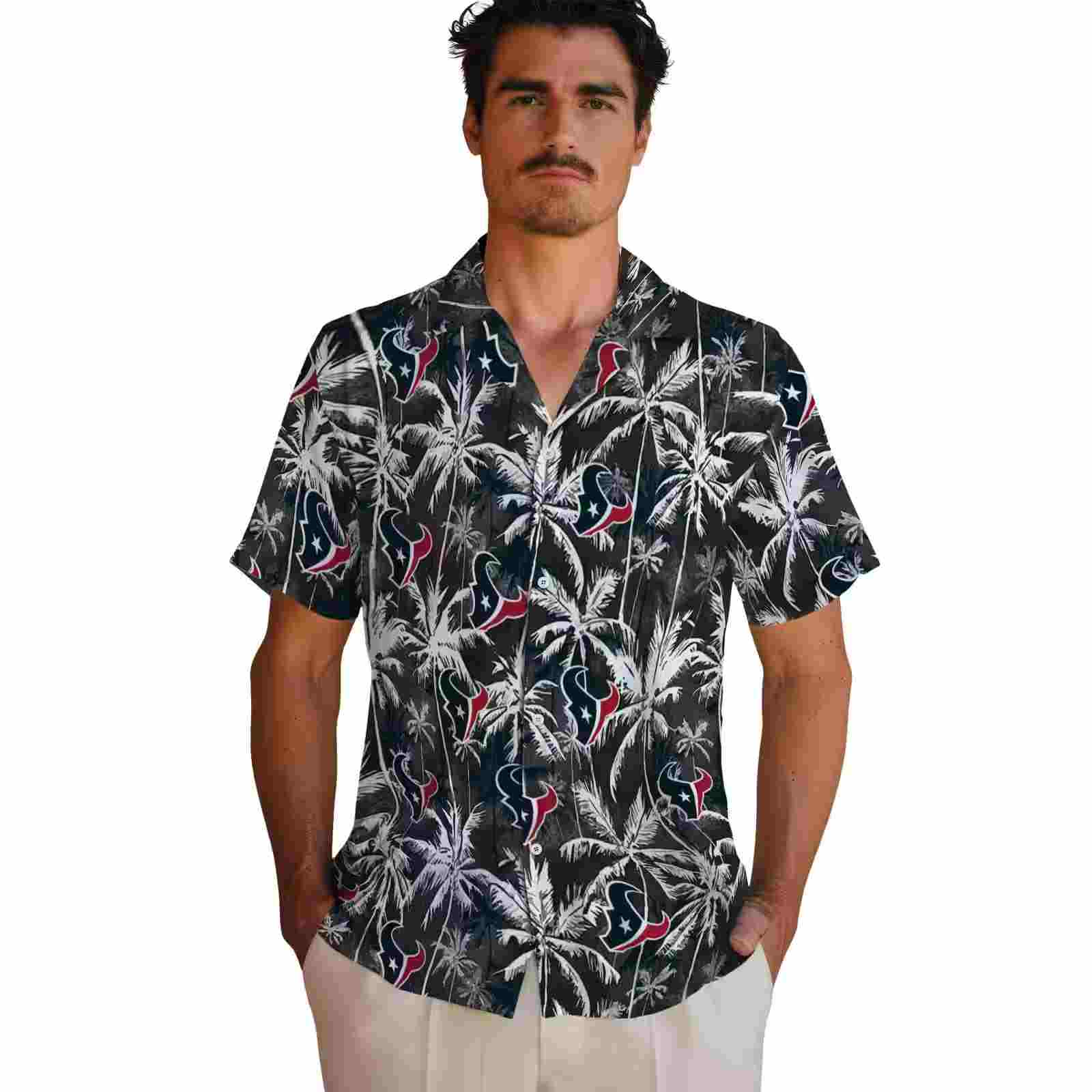 houston texans palm pattern blue black hawaiian shirt fashion forward