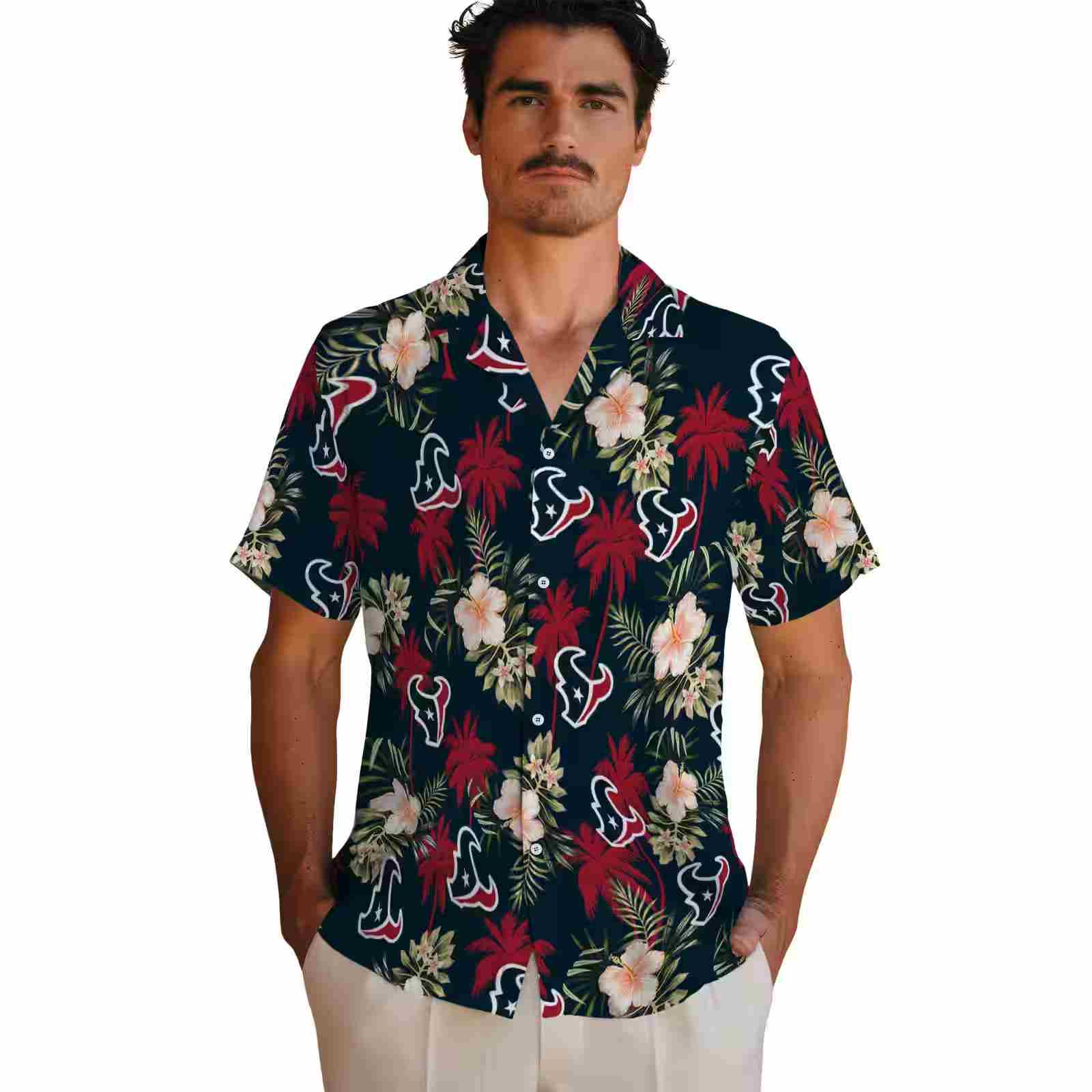 houston texans palm tree flower blue hawaiian shirt fashion forward