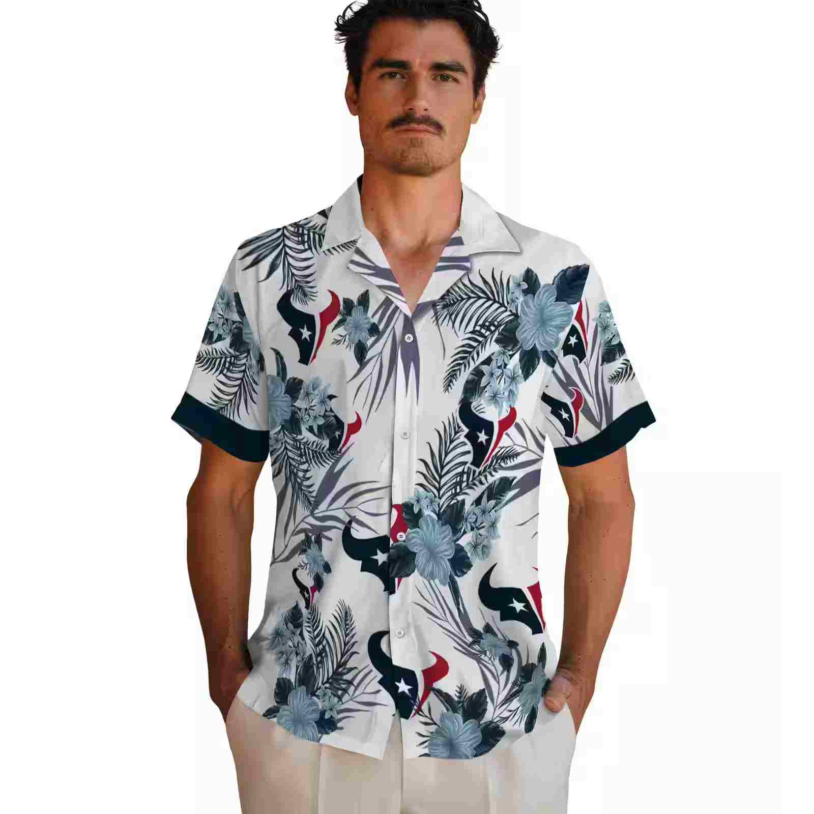 houston texans patriotic hibiscus design blue white hawaiian shirt fashion forward