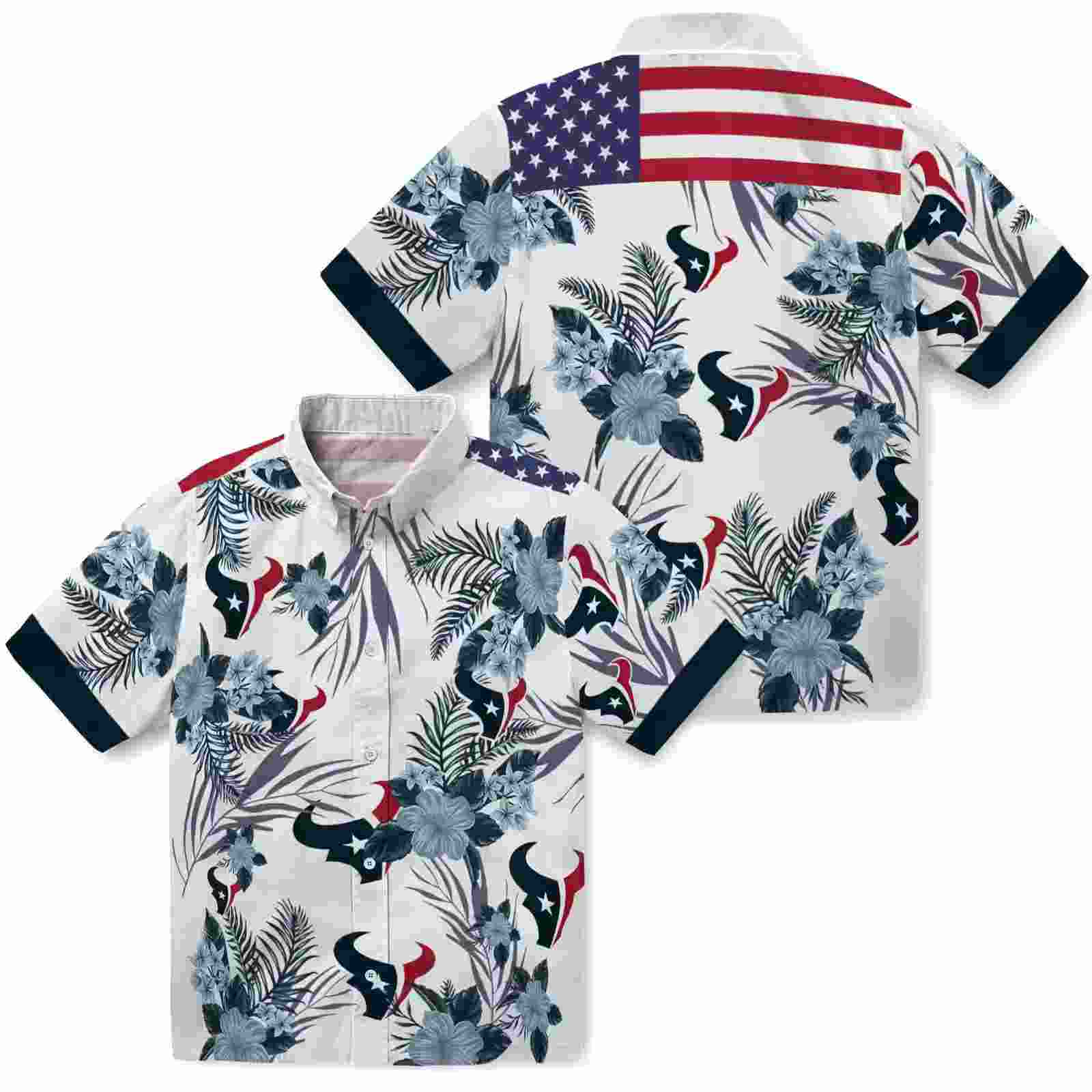 houston texans patriotic hibiscus design blue white hawaiian shirt high quality