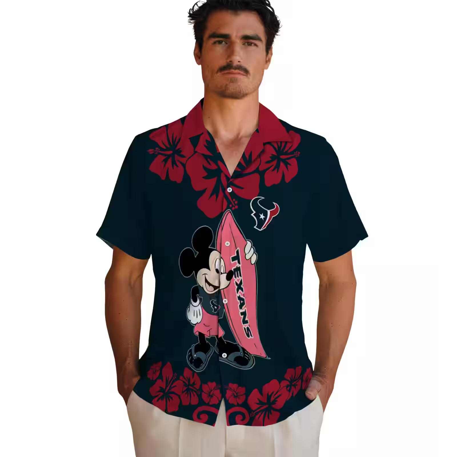 houston texans surfing mickey blue hawaiian shirt fashion forward