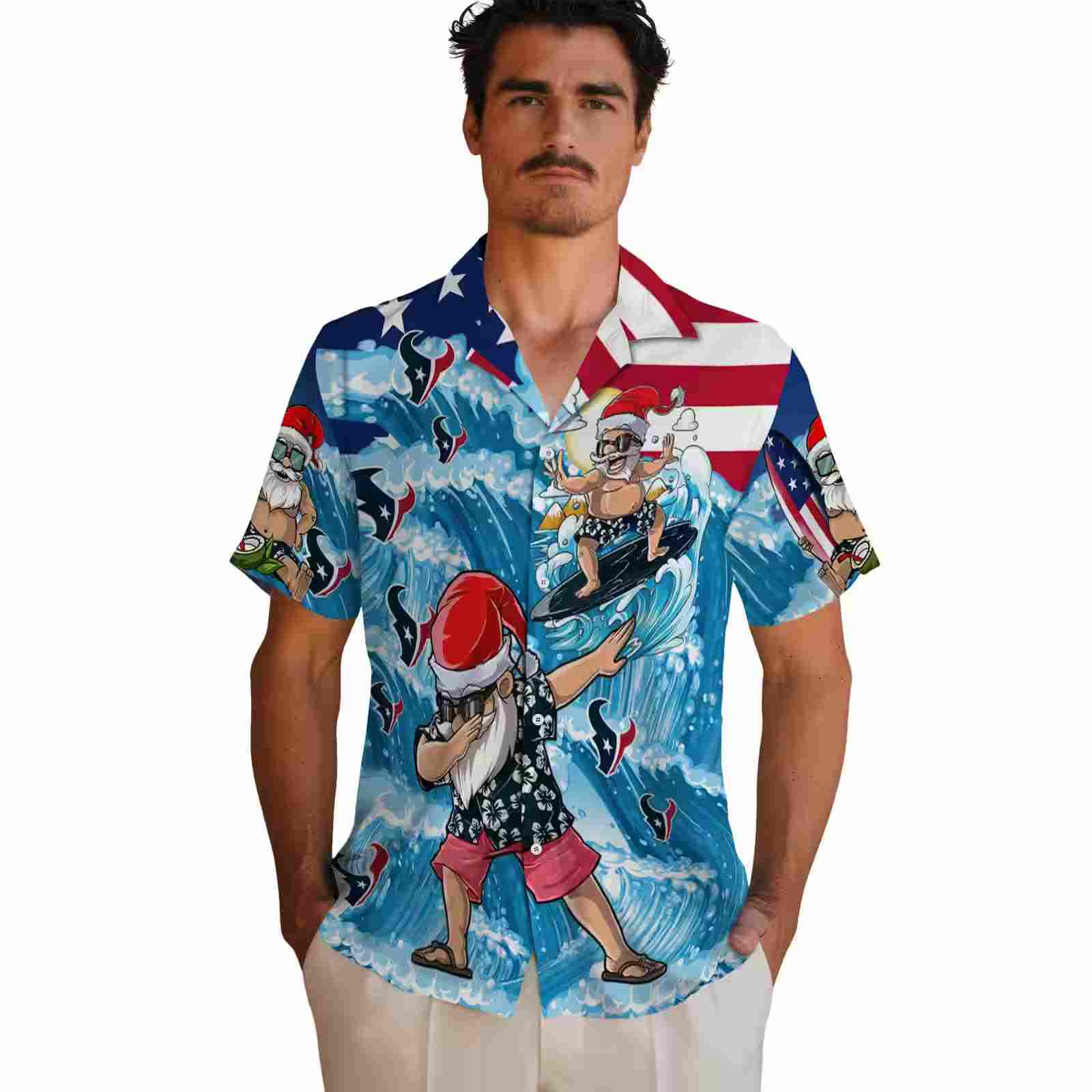 houston texans surfing santa blue hawaiian shirt fashion forward