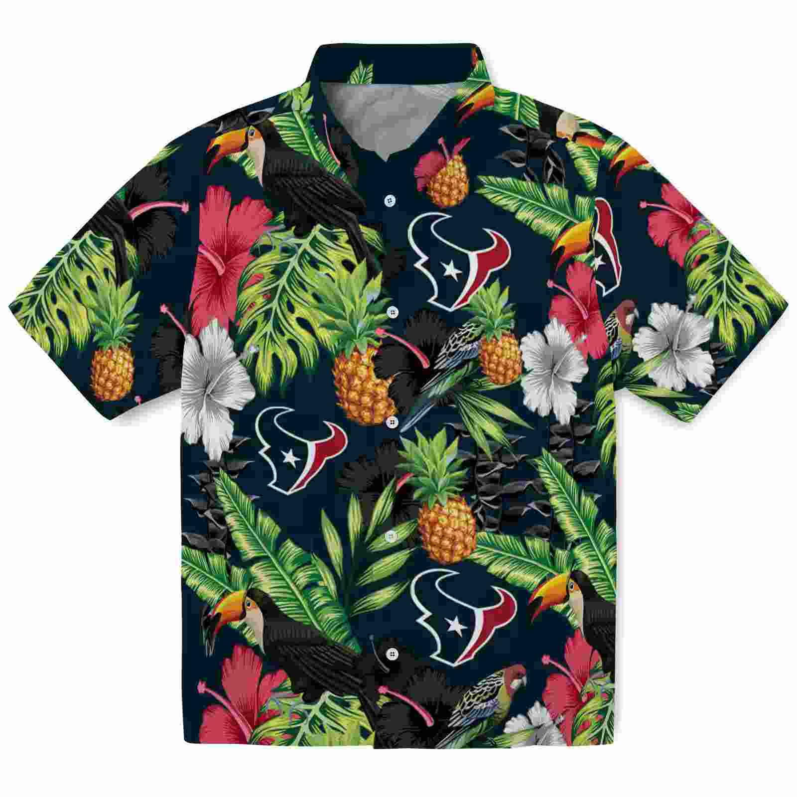 Houston Texans Toucan Hibiscus Pineapple Blue Green Hawaiian Shirt