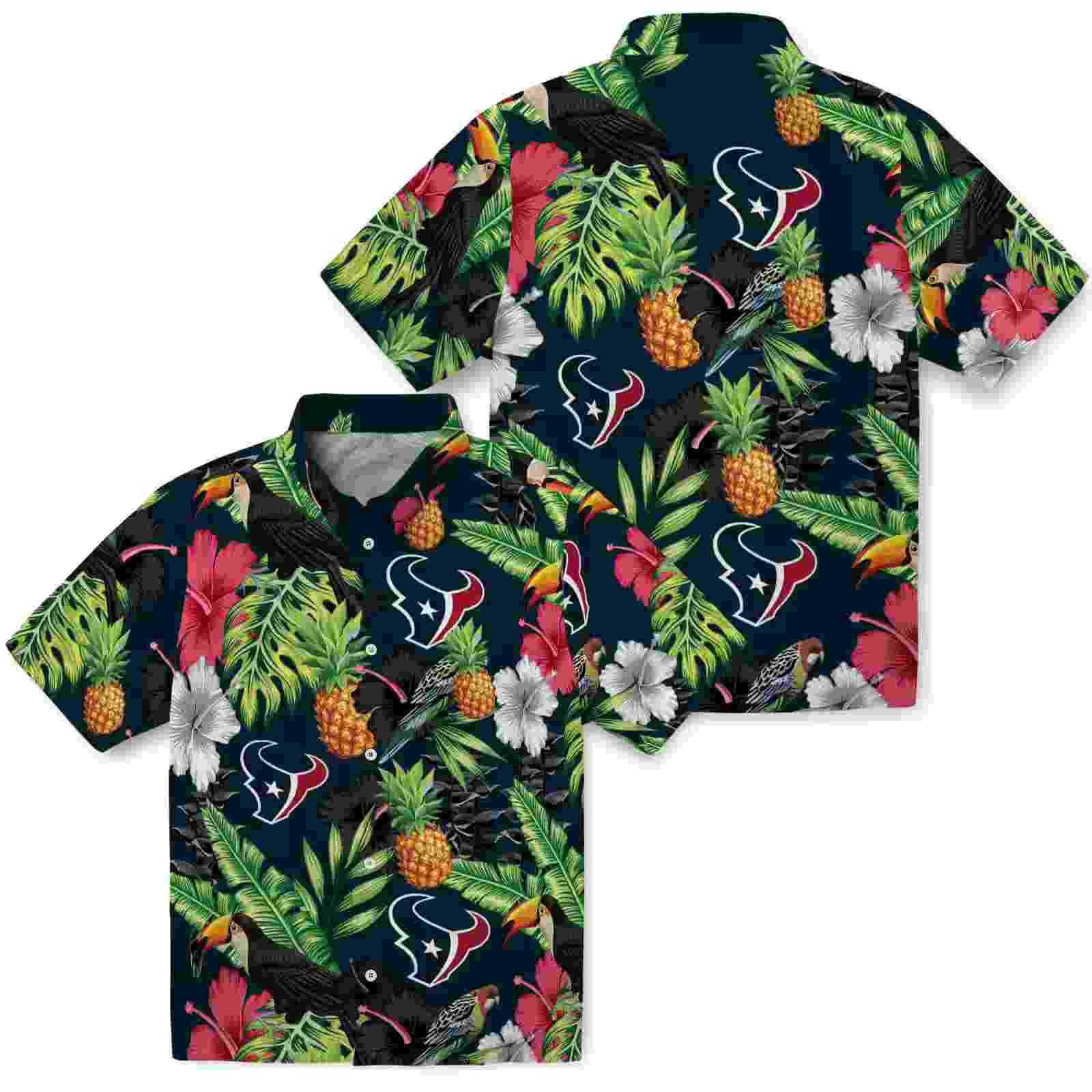 houston texans toucan hibiscus pineapple blue green hawaiian shirt high quality