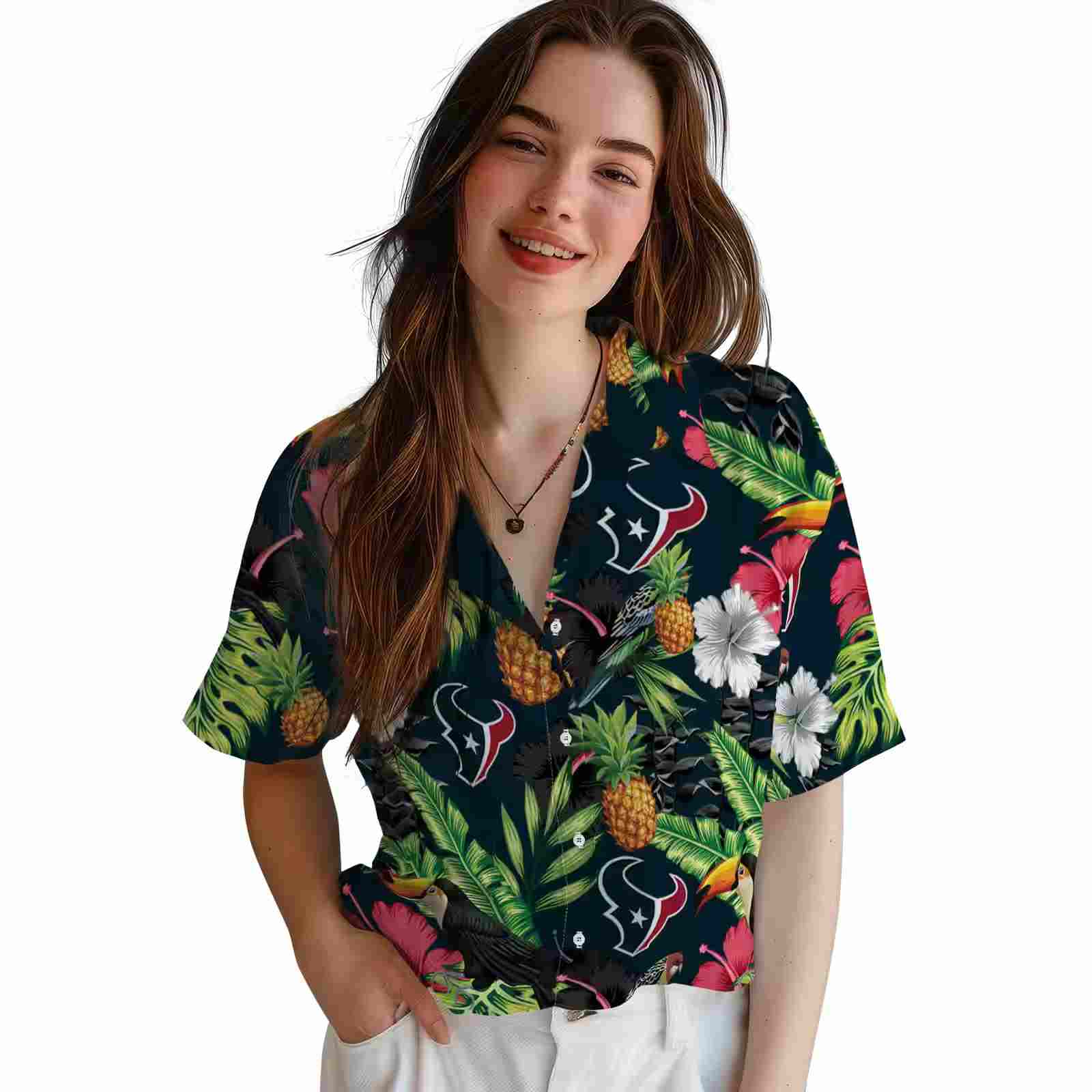 houston texans toucan hibiscus pineapple blue green hawaiian shirt latest model