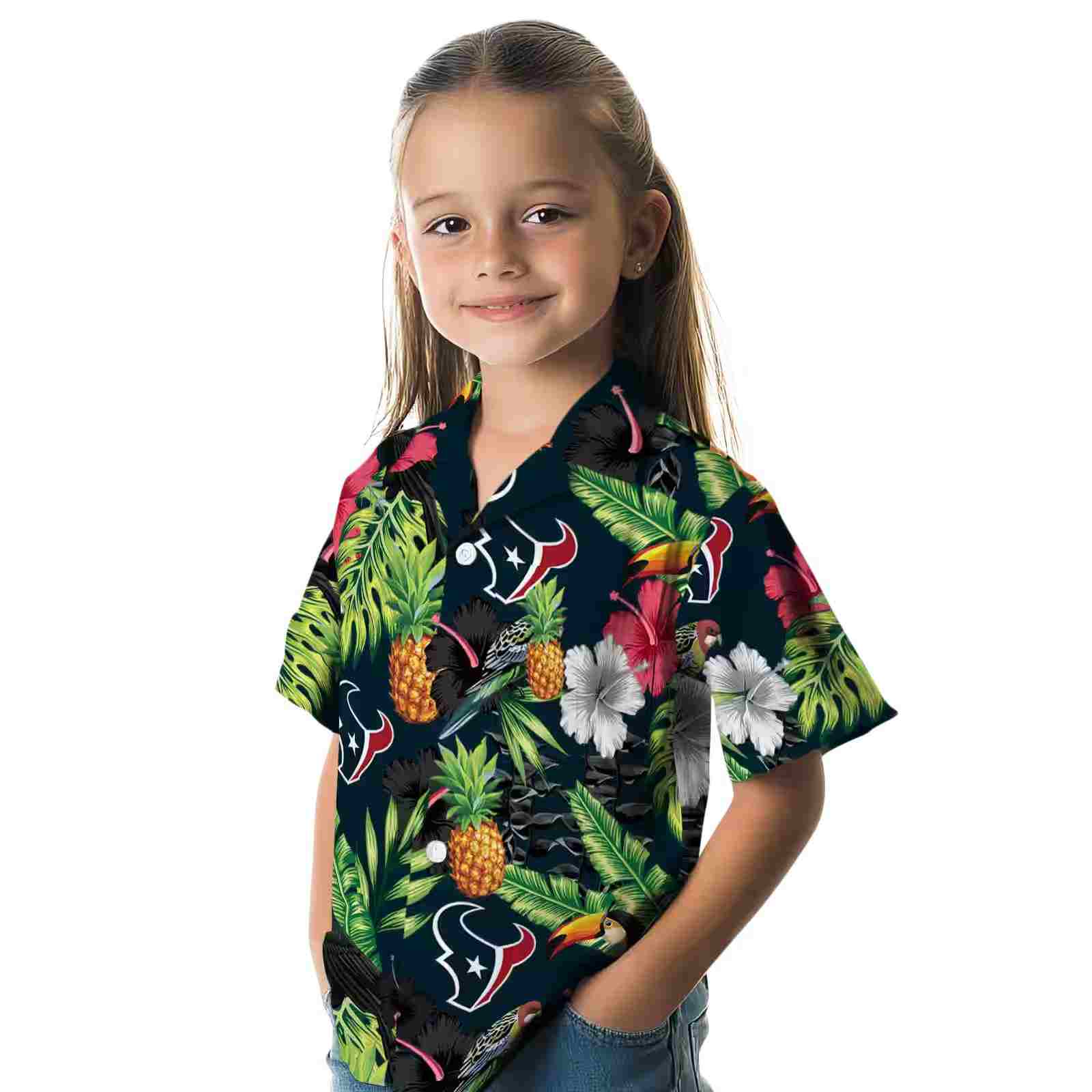 houston texans toucan hibiscus pineapple blue green hawaiian shirt premium grade