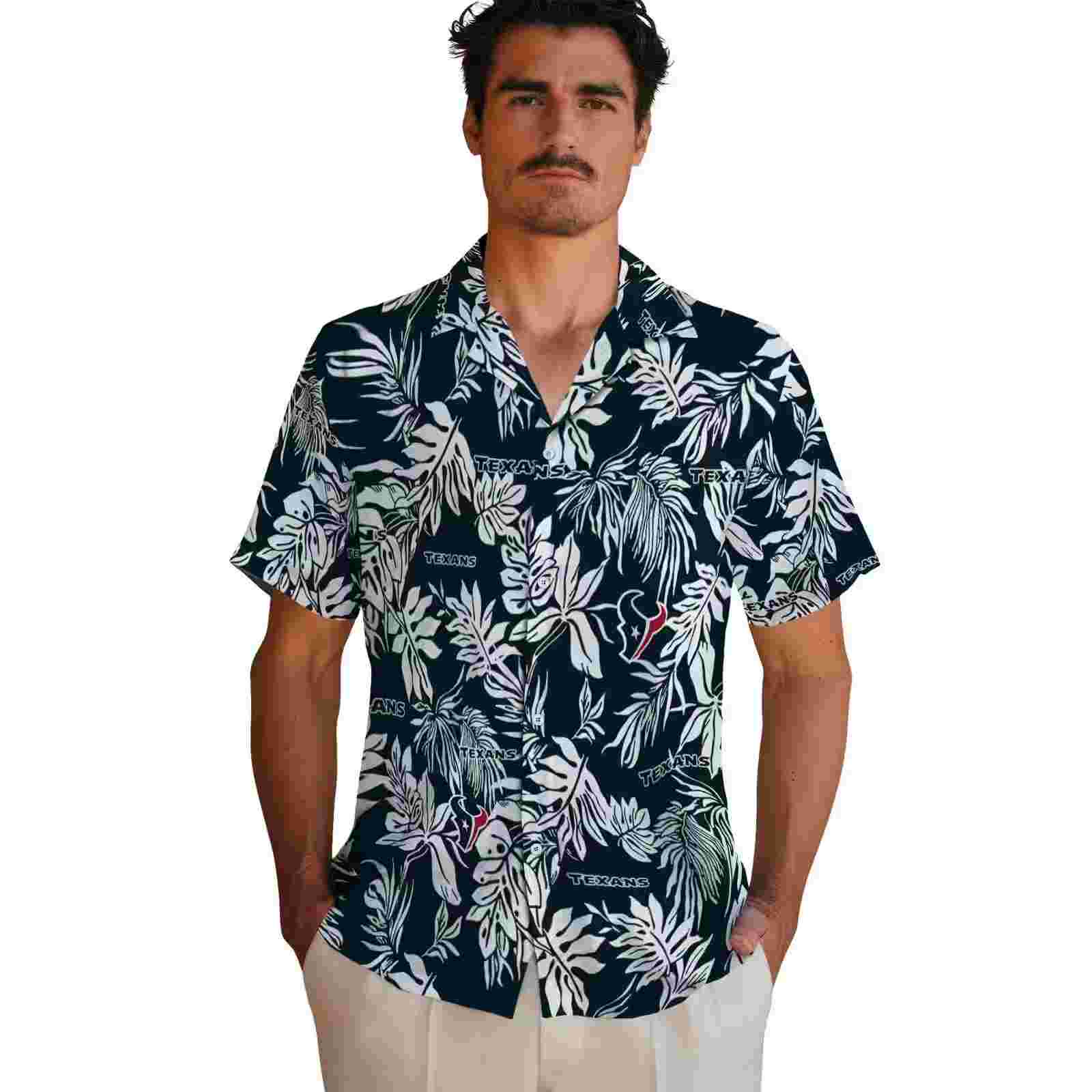 houston texans tropical leaf blue white hawaiian shirt fashion forward