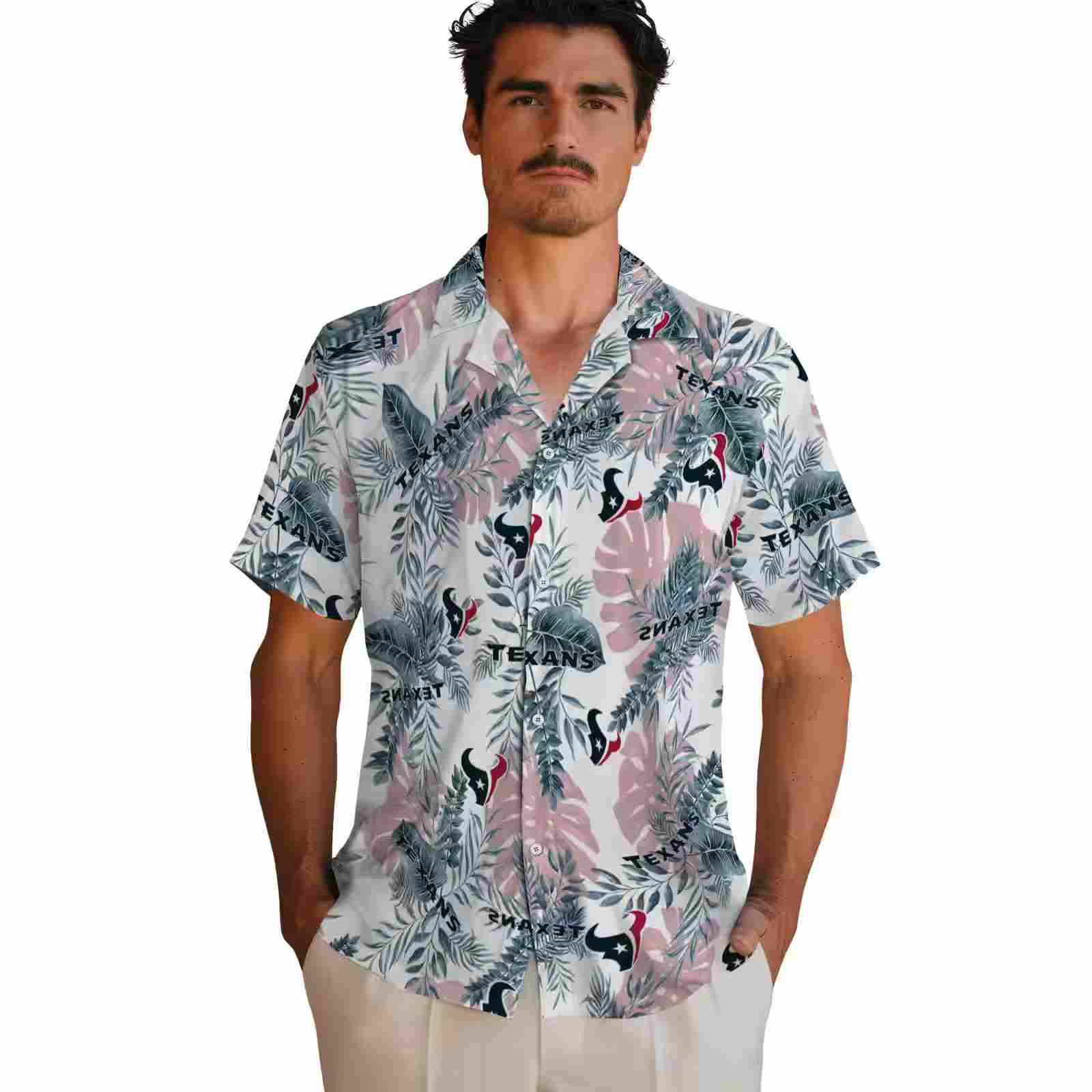 houston texans tropical leaves blue white hawaiian shirt fashion forward