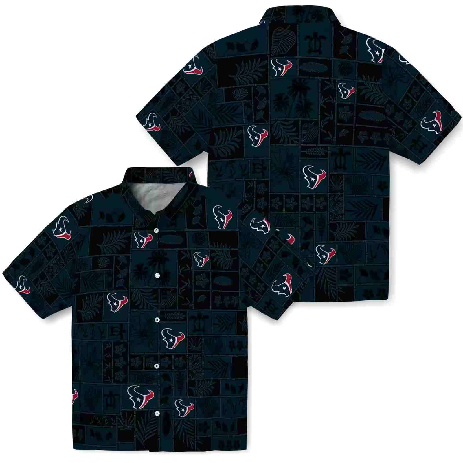 houston texans tropical patchwork blue black hawaiian shirt high quality