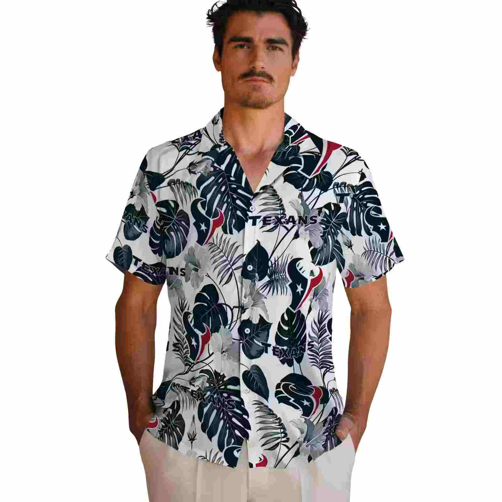 houston texans tropical plants blue white hawaiian shirt fashion forward