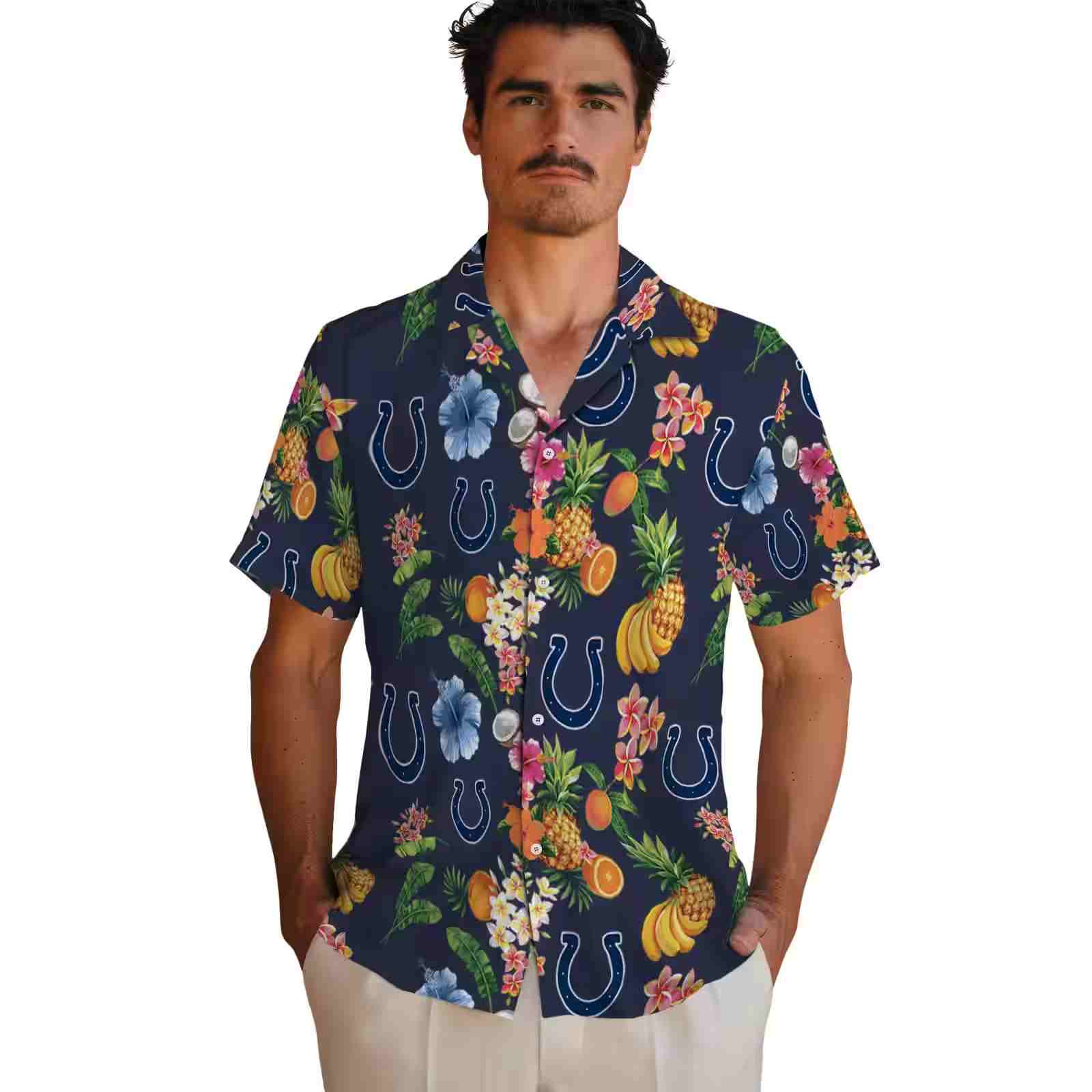 indianapolis colts hibiscus and fruit navy blue hawaiian shirt fashion forward