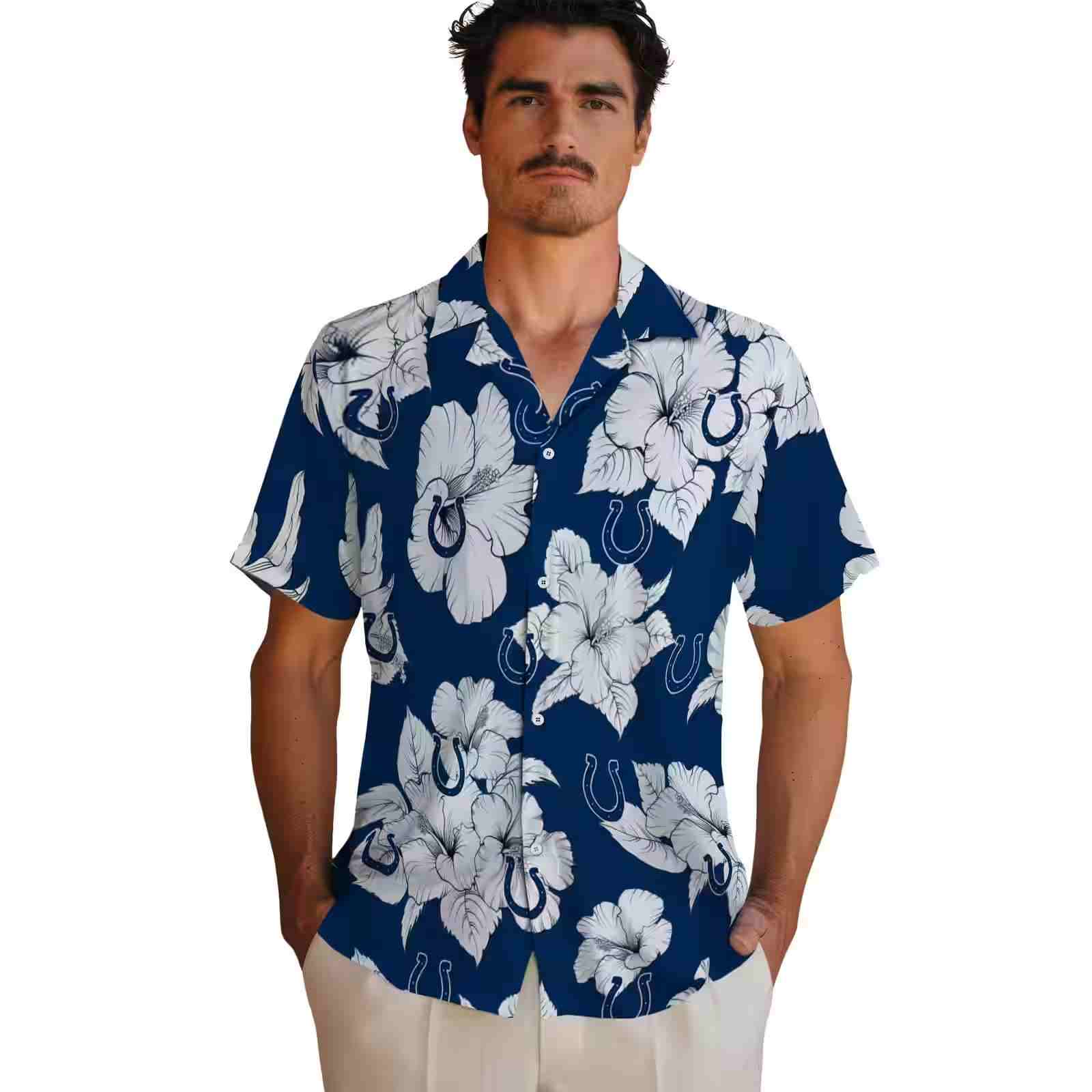 indianapolis colts hibiscus blooms blue white hawaiian shirt fashion forward