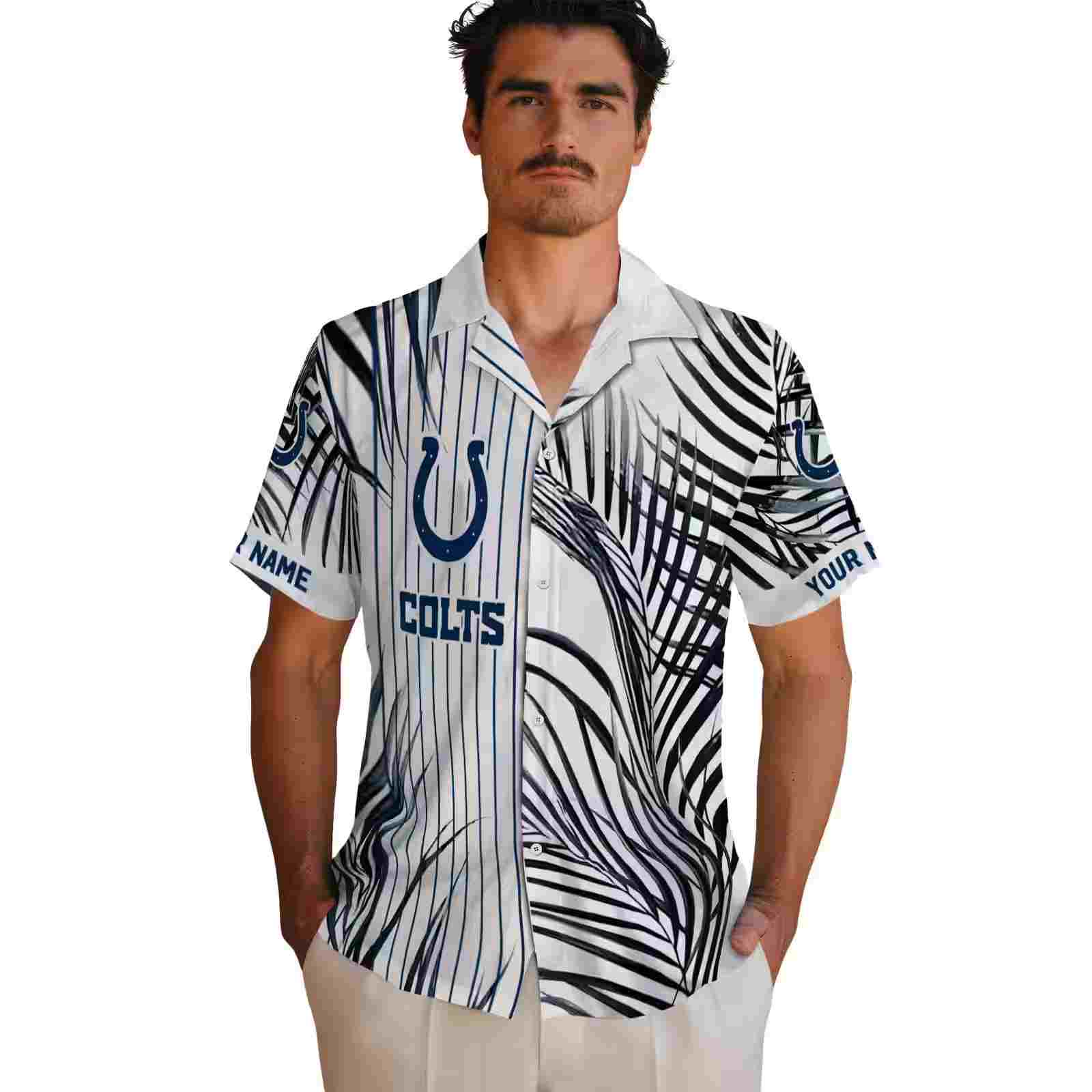 indianapolis colts palm stripes blue black white hawaiian shirt fashion forward