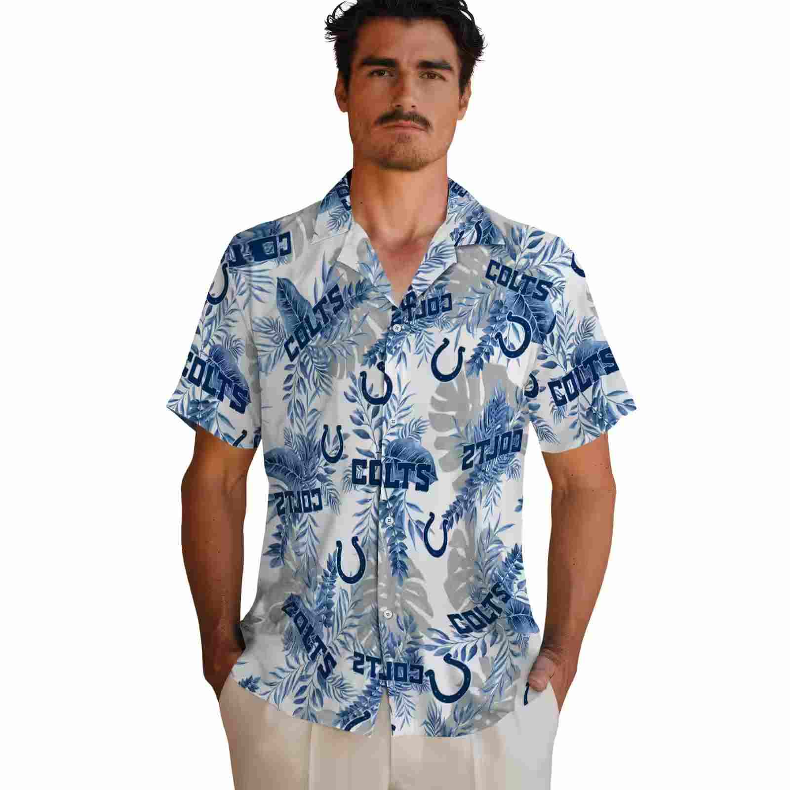 indianapolis colts tropical leaves blue white hawaiian shirt fashion forward