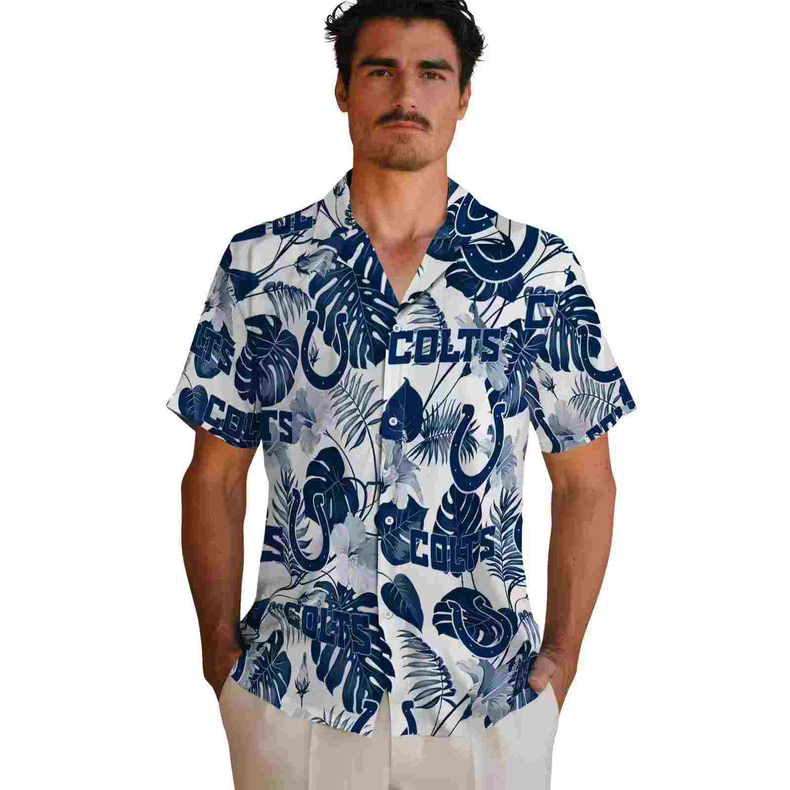 indianapolis colts tropical plants blue white hawaiian shirt fashion forward