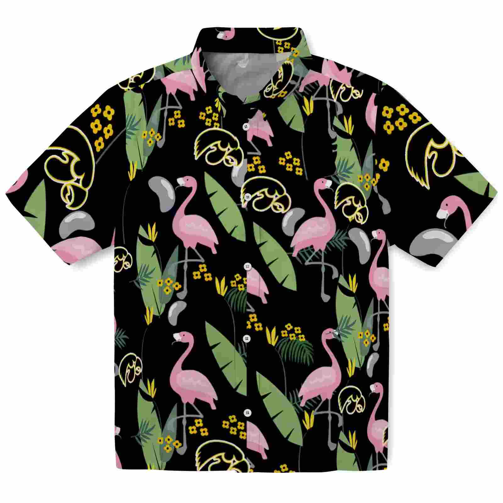 Iowa Hawkeyes Flamingo Leaves Black Hawaiian Shirt