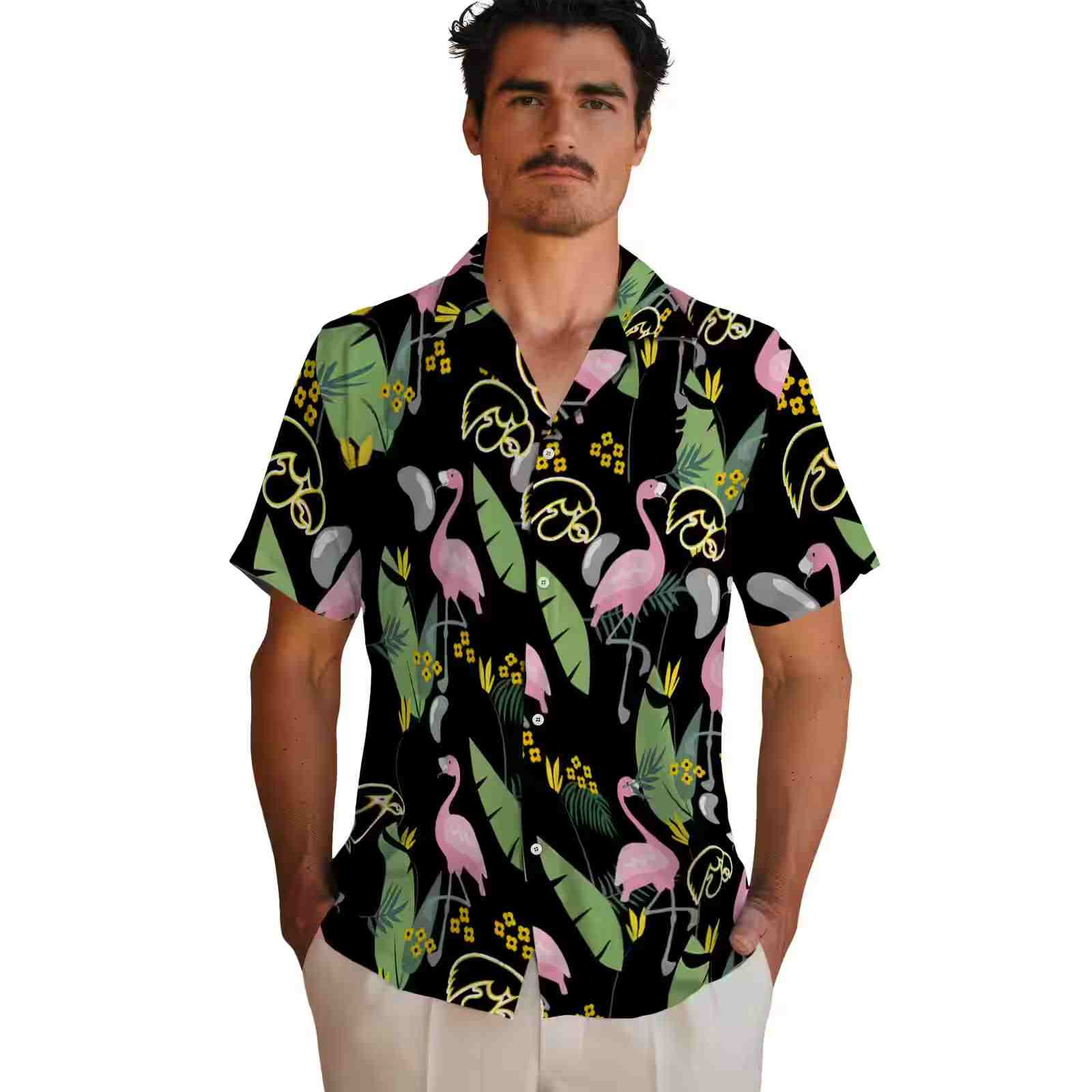 iowa hawkeyes flamingo leaves black hawaiian shirt fashion forward