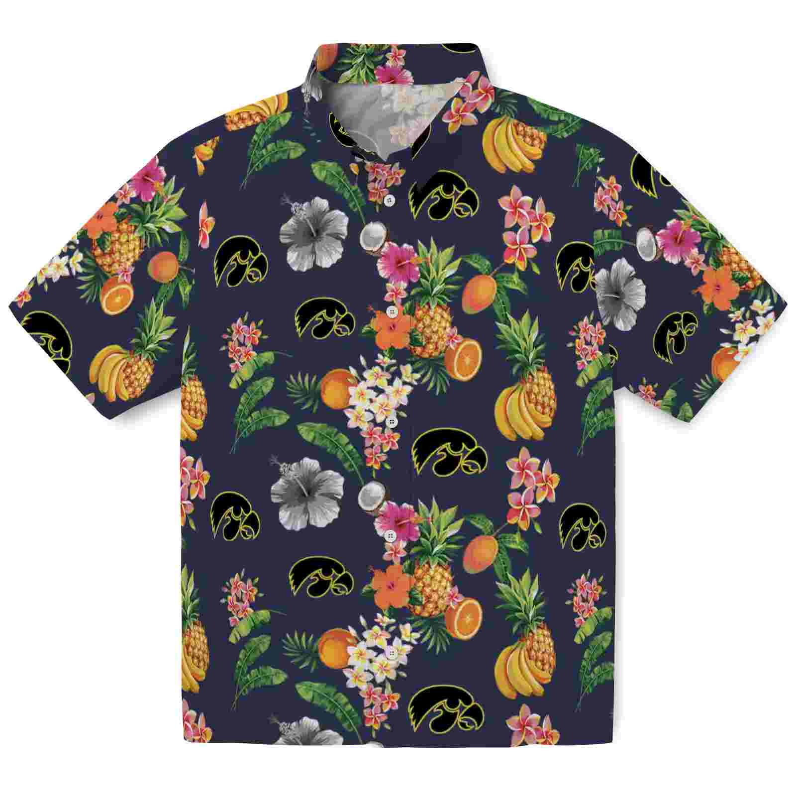 Iowa Hawkeyes Hibiscus And Fruit Navy Blue Hawaiian Shirt