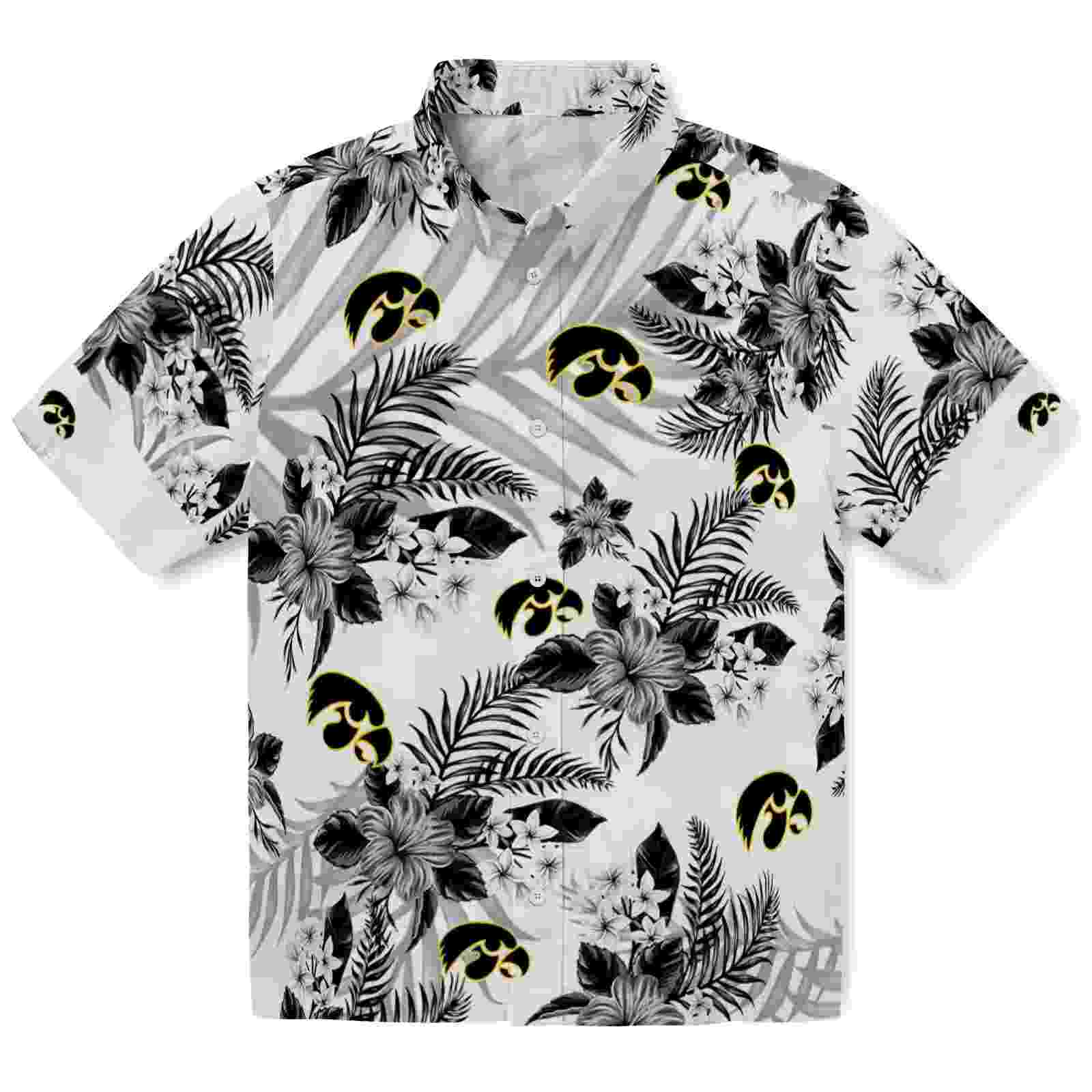 Iowa Hawkeyes Hibiscus Palm Leaves Black White Hawaiian Shirt