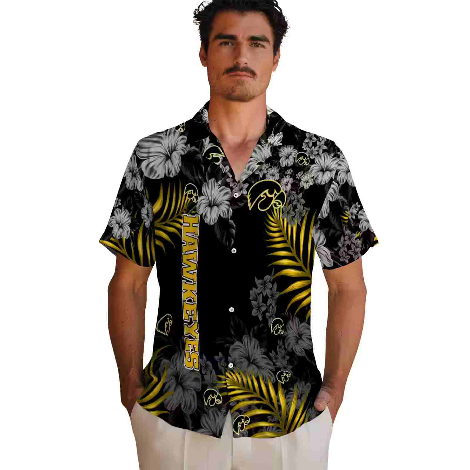 iowa hawkeyes hibiscus print black hawaiian shirt fashion forward