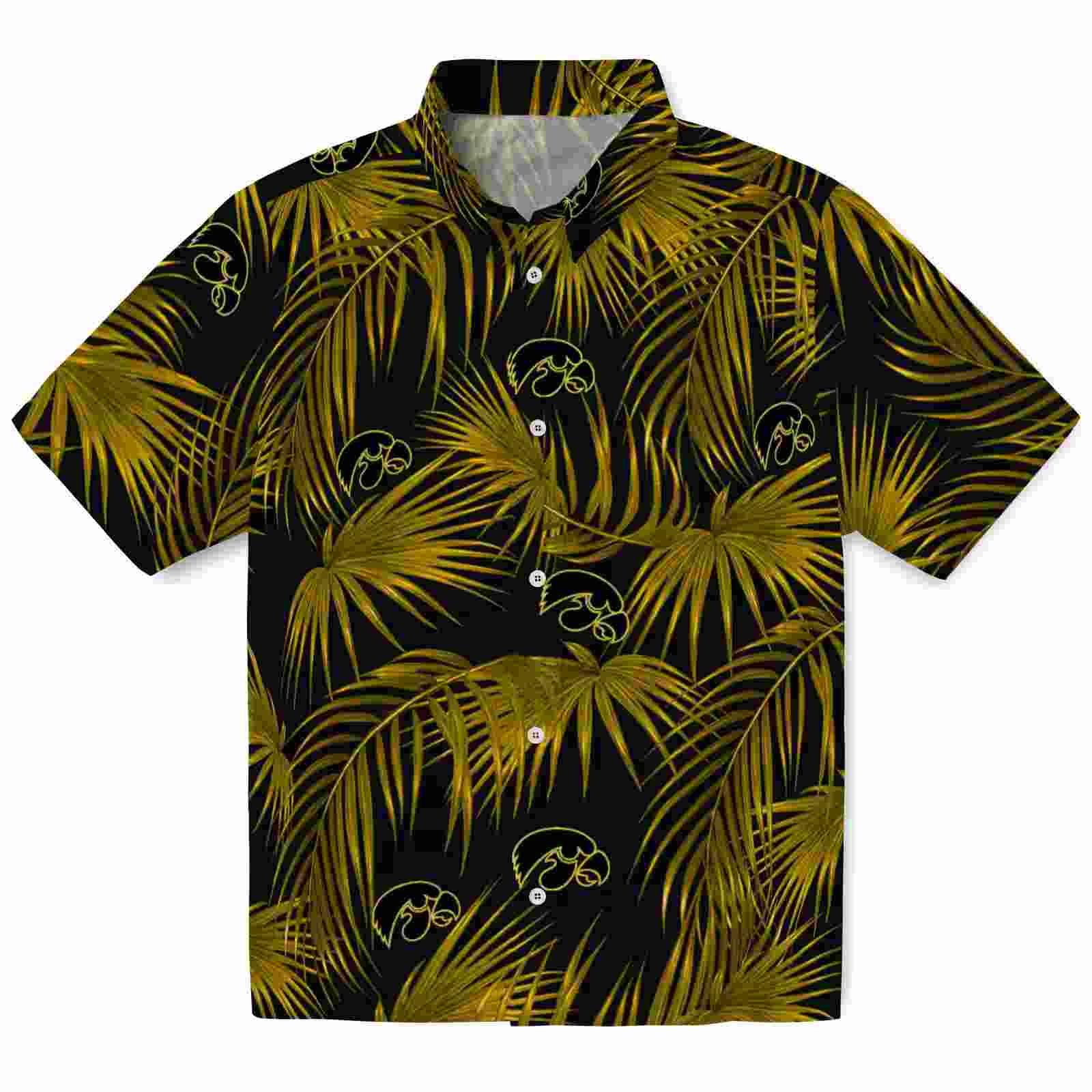 Iowa Hawkeyes Leafy Palms Black Hawaiian Shirt